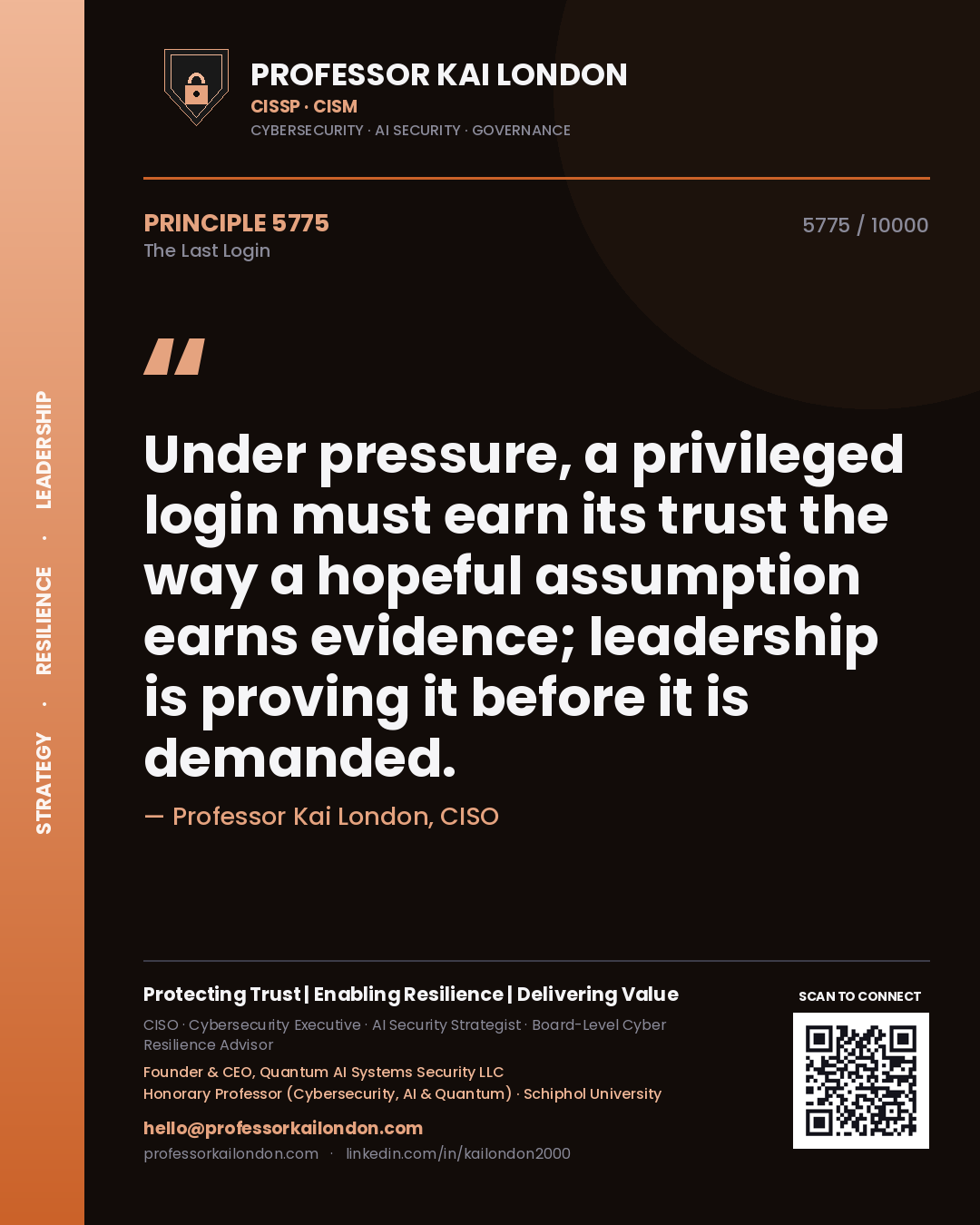 Professor Kai London principle 5775: Under pressure, a privileged login must earn its trust the way a hopeful assumption earns evidence; leadership is proving it before it is demanded.