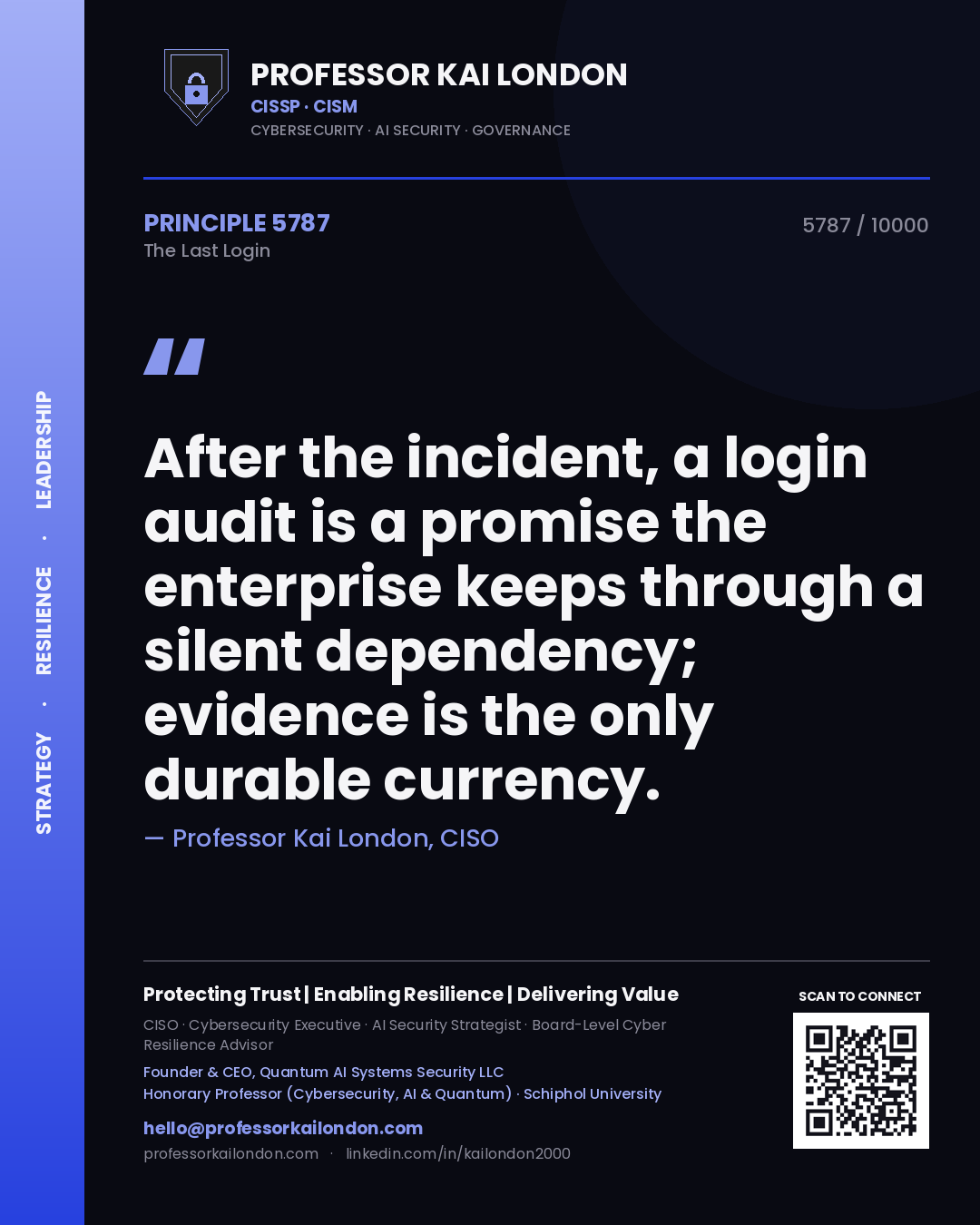 Professor Kai London principle 5787: After the incident, a login audit is a promise the enterprise keeps through a silent dependency; evidence is the only durable currency.