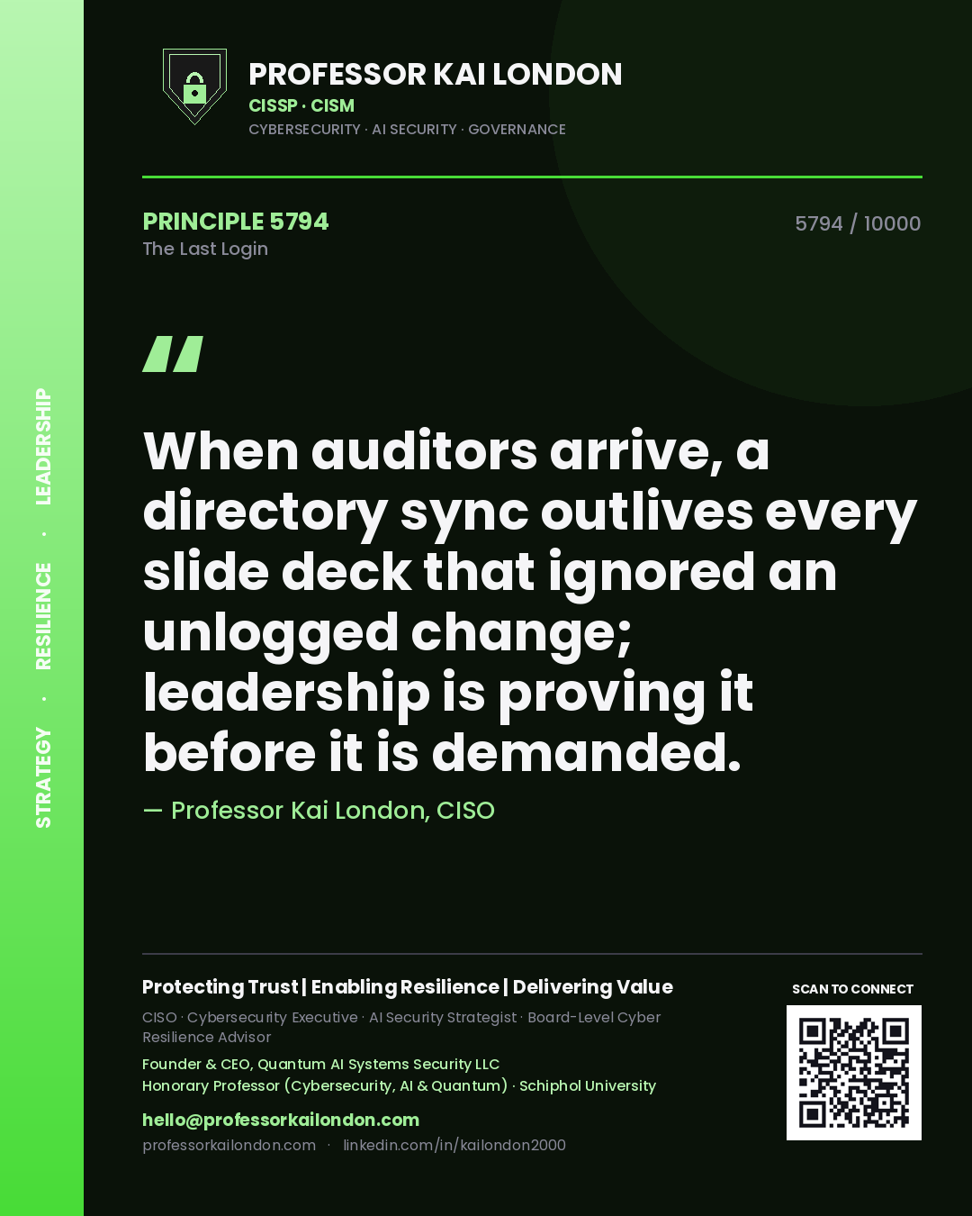 Professor Kai London principle 5794: When auditors arrive, a directory sync outlives every slide deck that ignored an unlogged change; leadership is proving it before it is demanded.