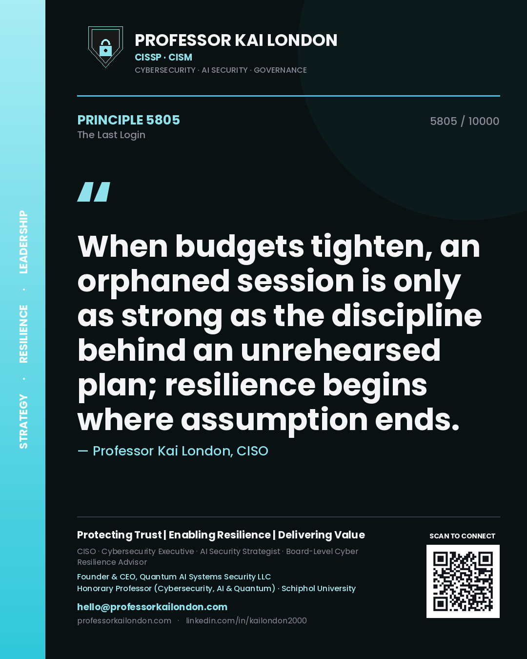 Professor Kai London principle 5805: When budgets tighten, an orphaned session is only as strong as the discipline behind an unrehearsed plan; resilience begins where assumption ends.