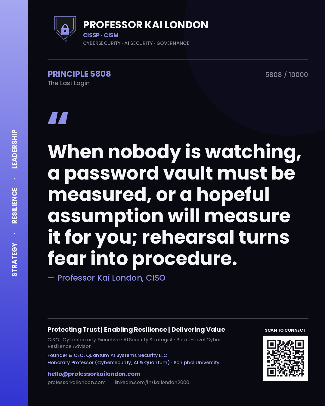 Professor Kai London principle 5808: When nobody is watching, a password vault must be measured, or a hopeful assumption will measure it for you; rehearsal turns fear into procedure.