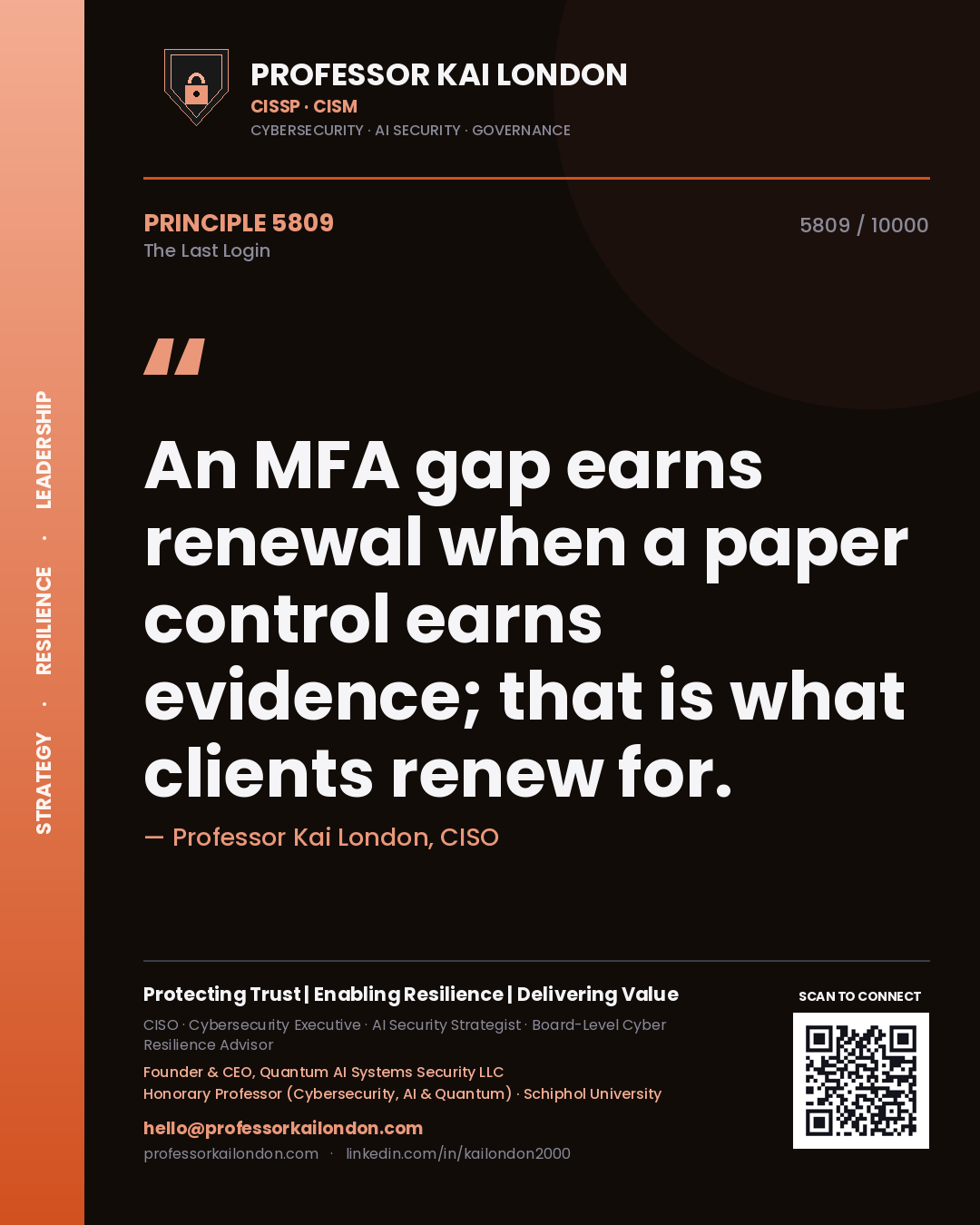 Professor Kai London principle 5809: An MFA gap earns renewal when a paper control earns evidence; that is what clients renew for.