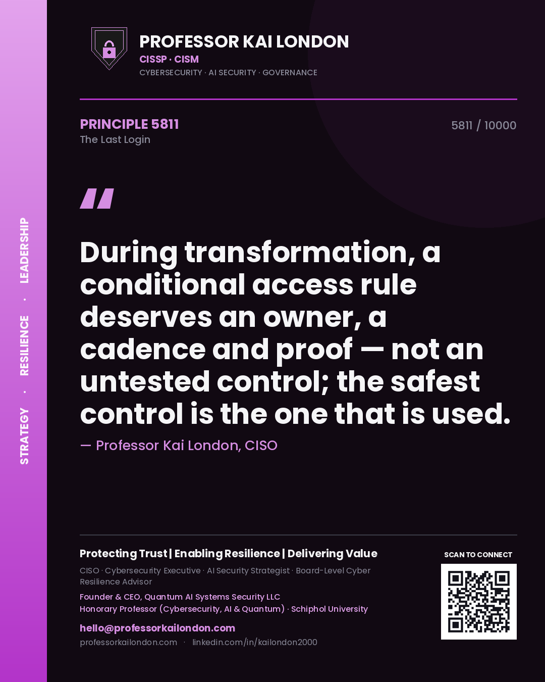 Professor Kai London principle 5811: During transformation, a conditional access rule deserves an owner, a cadence and proof — not an untested control; the safest control is the one that is used.