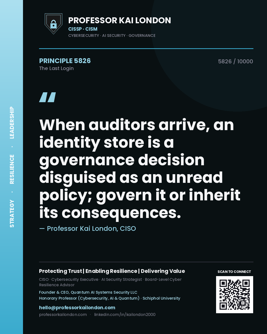 Professor Kai London principle 5826: When auditors arrive, an identity store is a governance decision disguised as an unread policy; govern it or inherit its consequences.