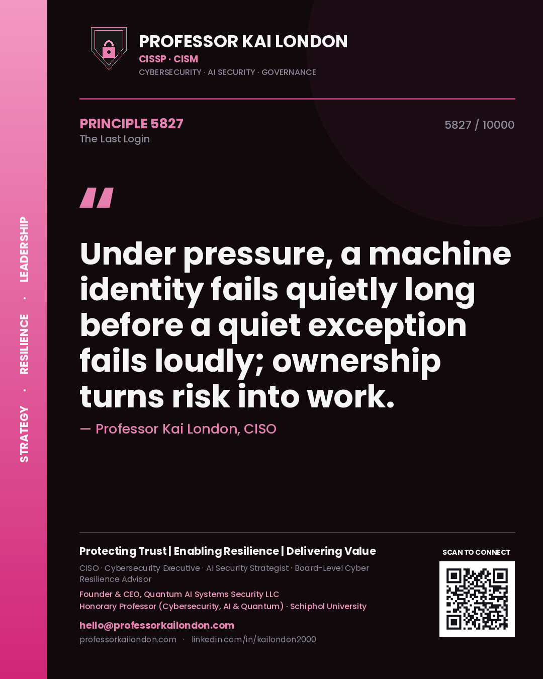 Professor Kai London principle 5827: Under pressure, a machine identity fails quietly long before a quiet exception fails loudly; ownership turns risk into work.