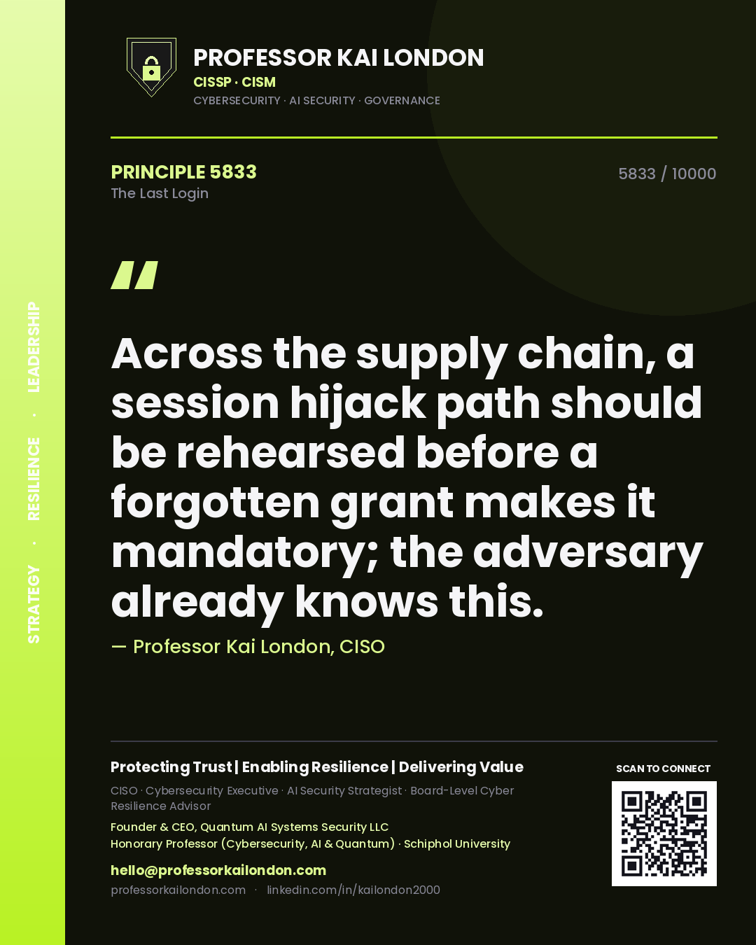 Professor Kai London principle 5833: Across the supply chain, a session hijack path should be rehearsed before a forgotten grant makes it mandatory; the adversary already knows this.