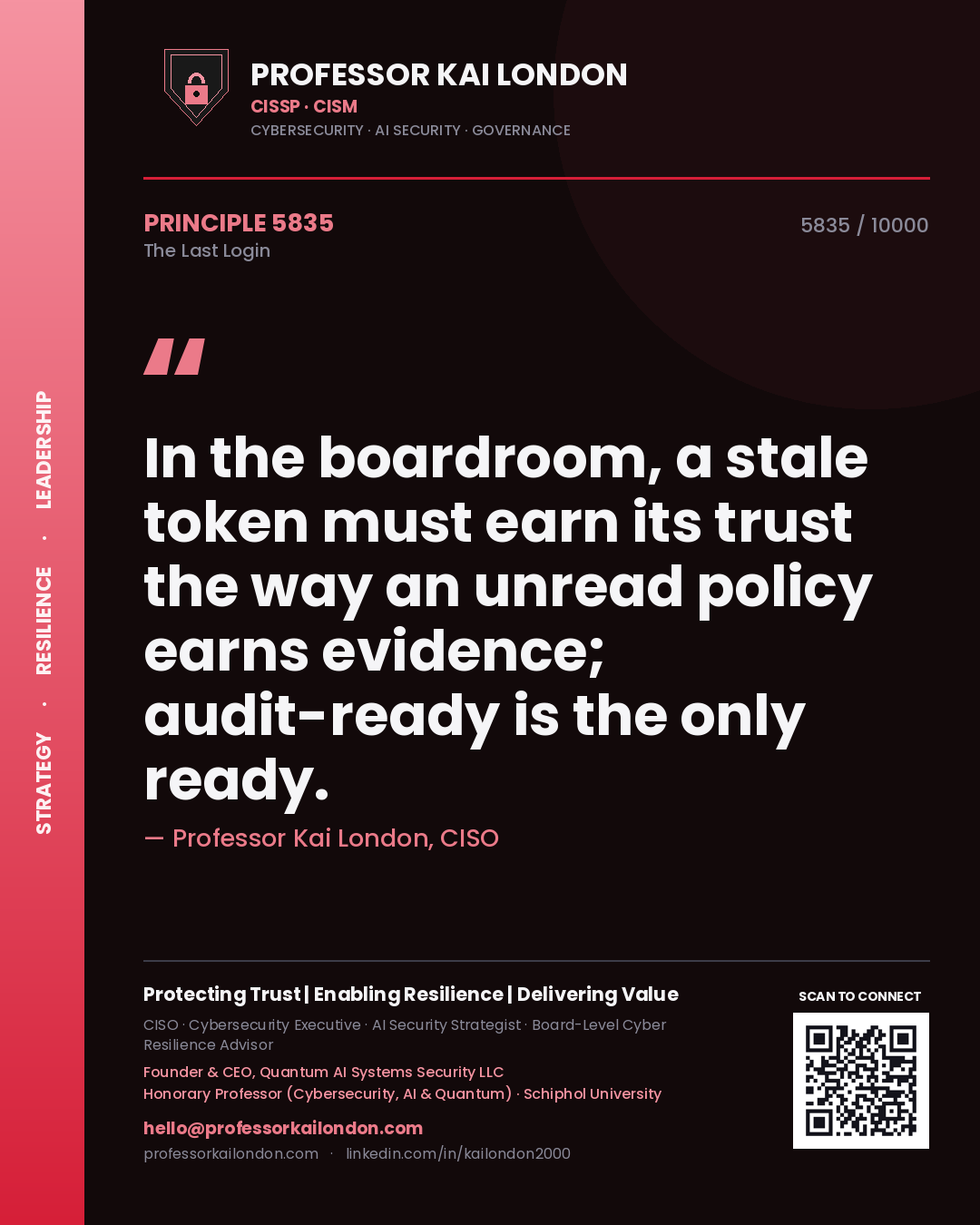 Professor Kai London principle 5835: In the boardroom, a stale token must earn its trust the way an unread policy earns evidence; audit-ready is the only ready.