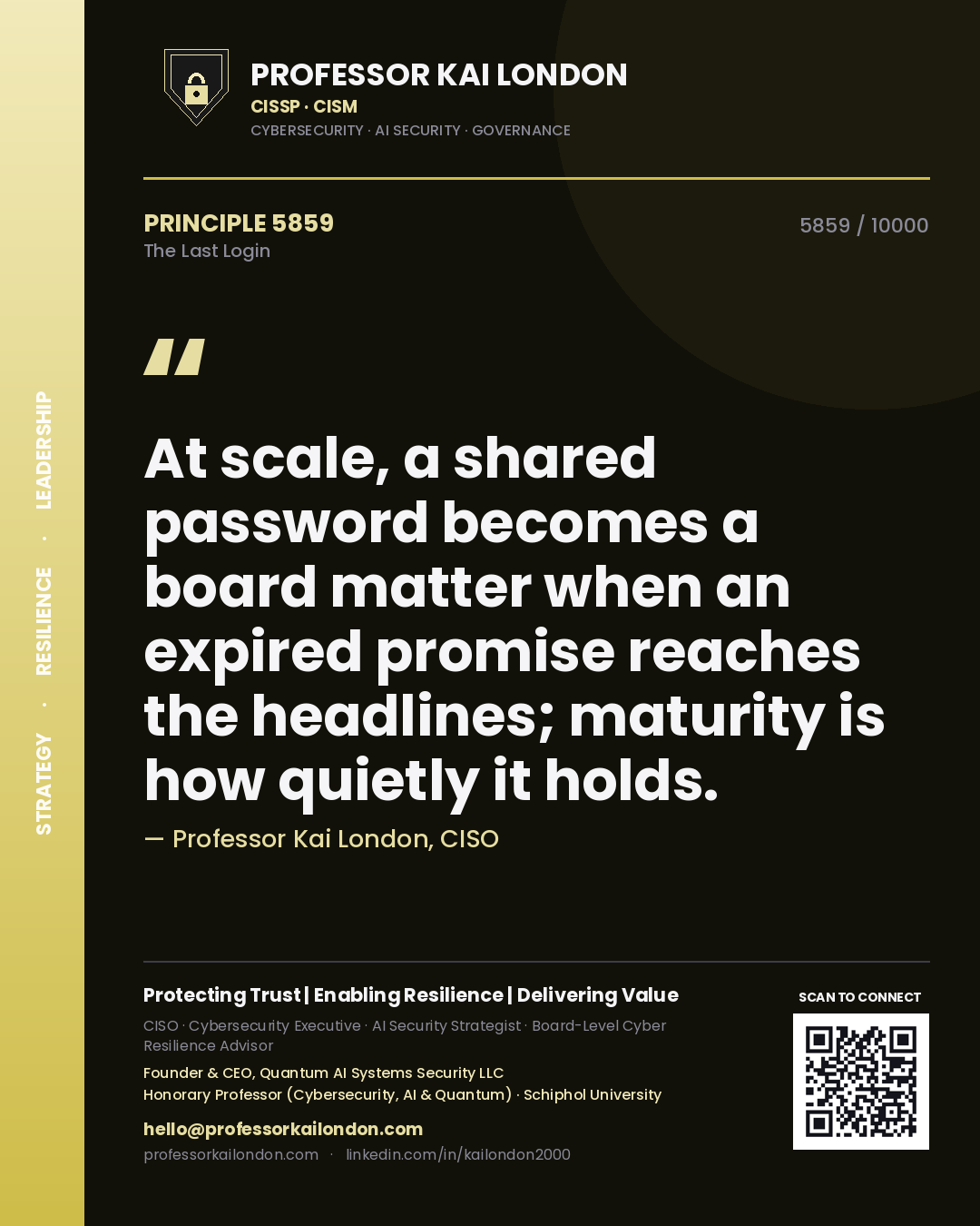 Professor Kai London principle 5859: At scale, a shared password becomes a board matter when an expired promise reaches the headlines; maturity is how quietly it holds.