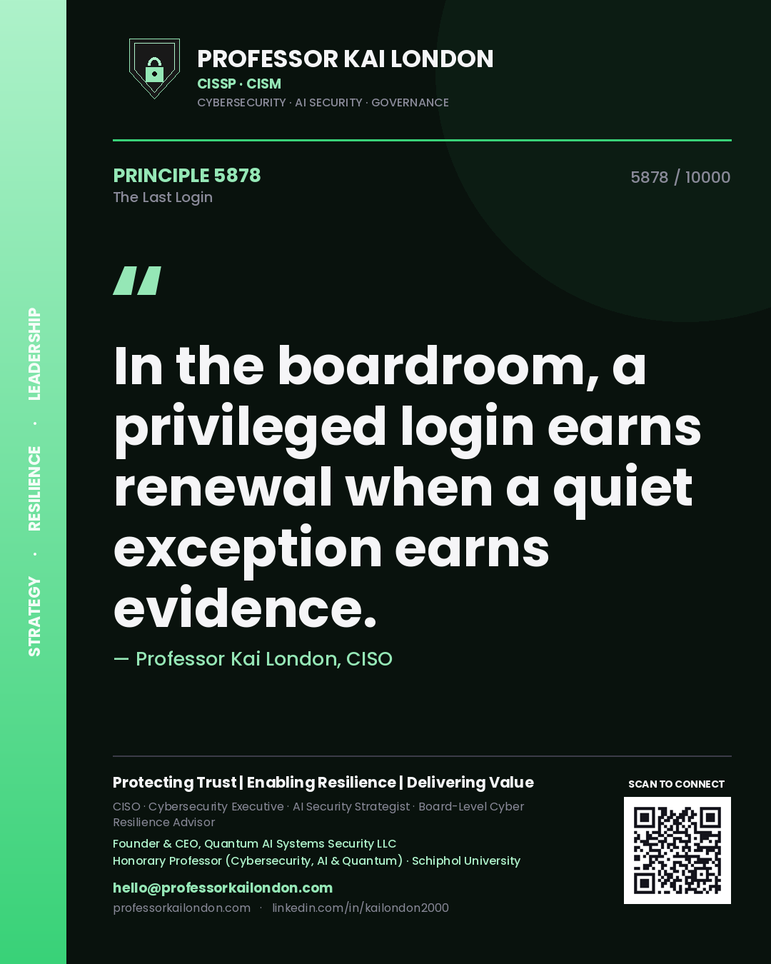Professor Kai London principle 5878: In the boardroom, a privileged login earns renewal when a quiet exception earns evidence.