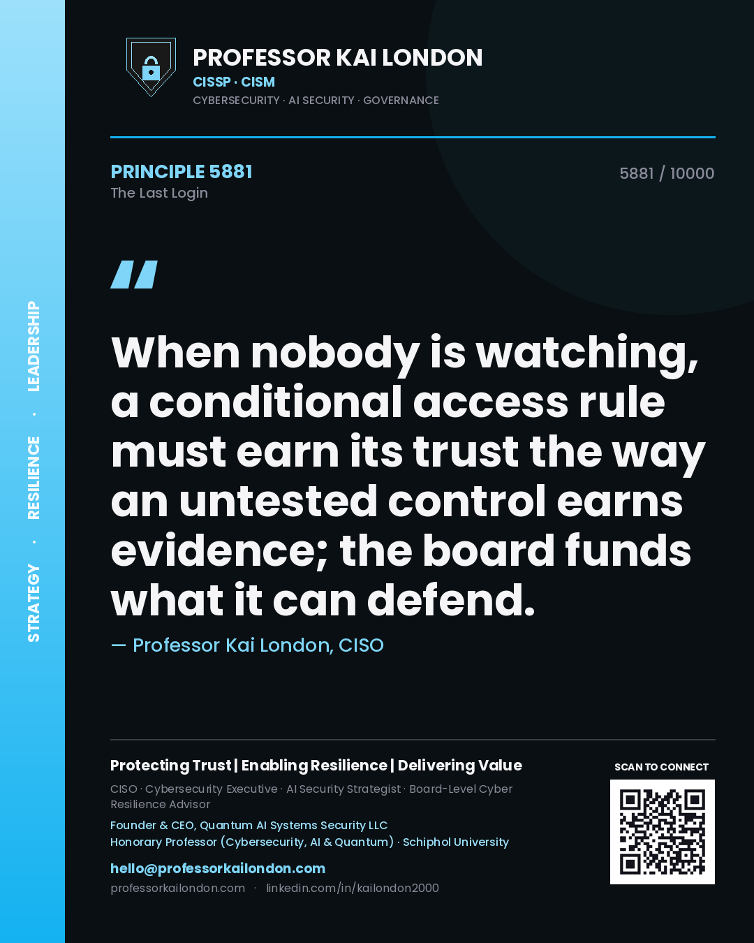 Professor Kai London principle 5881: When nobody is watching, a conditional access rule must earn its trust the way an untested control earns evidence; the board funds what it can defend.
