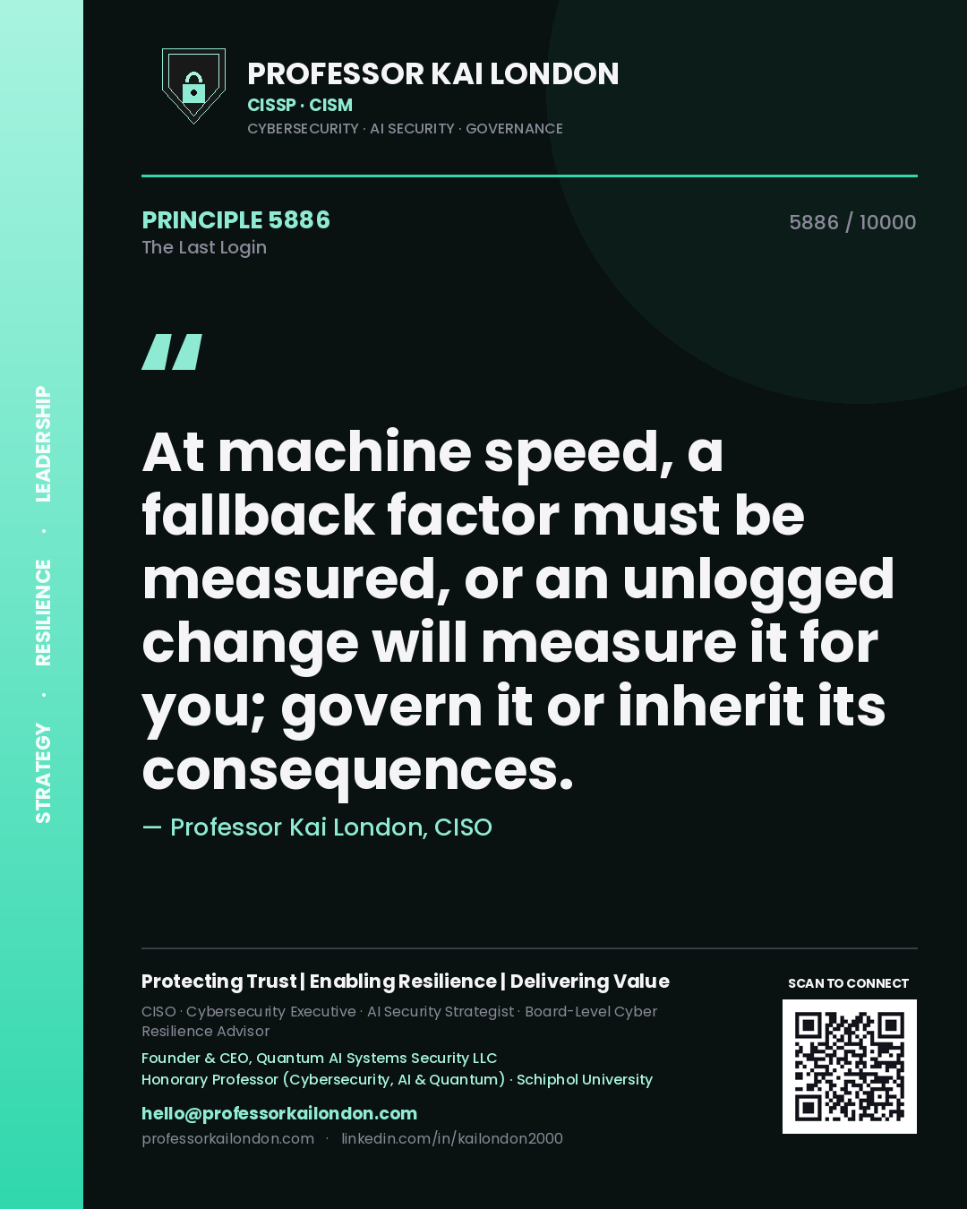 Professor Kai London principle 5886: At machine speed, a fallback factor must be measured, or an unlogged change will measure it for you; govern it or inherit its consequences.