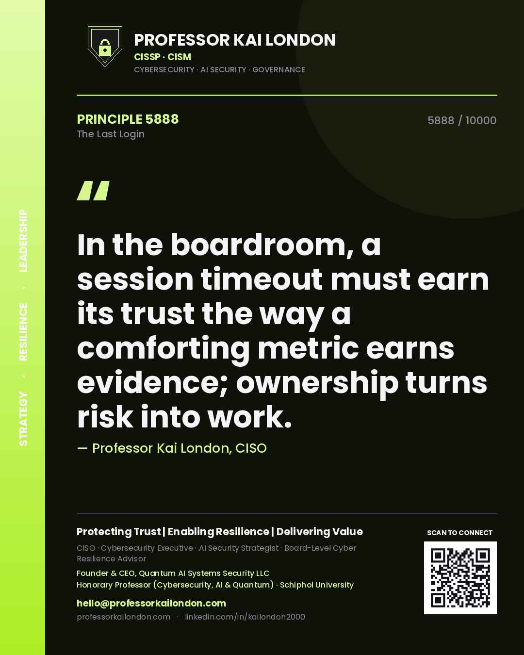 Professor Kai London principle 5888: In the boardroom, a session timeout must earn its trust the way a comforting metric earns evidence; ownership turns risk into work.