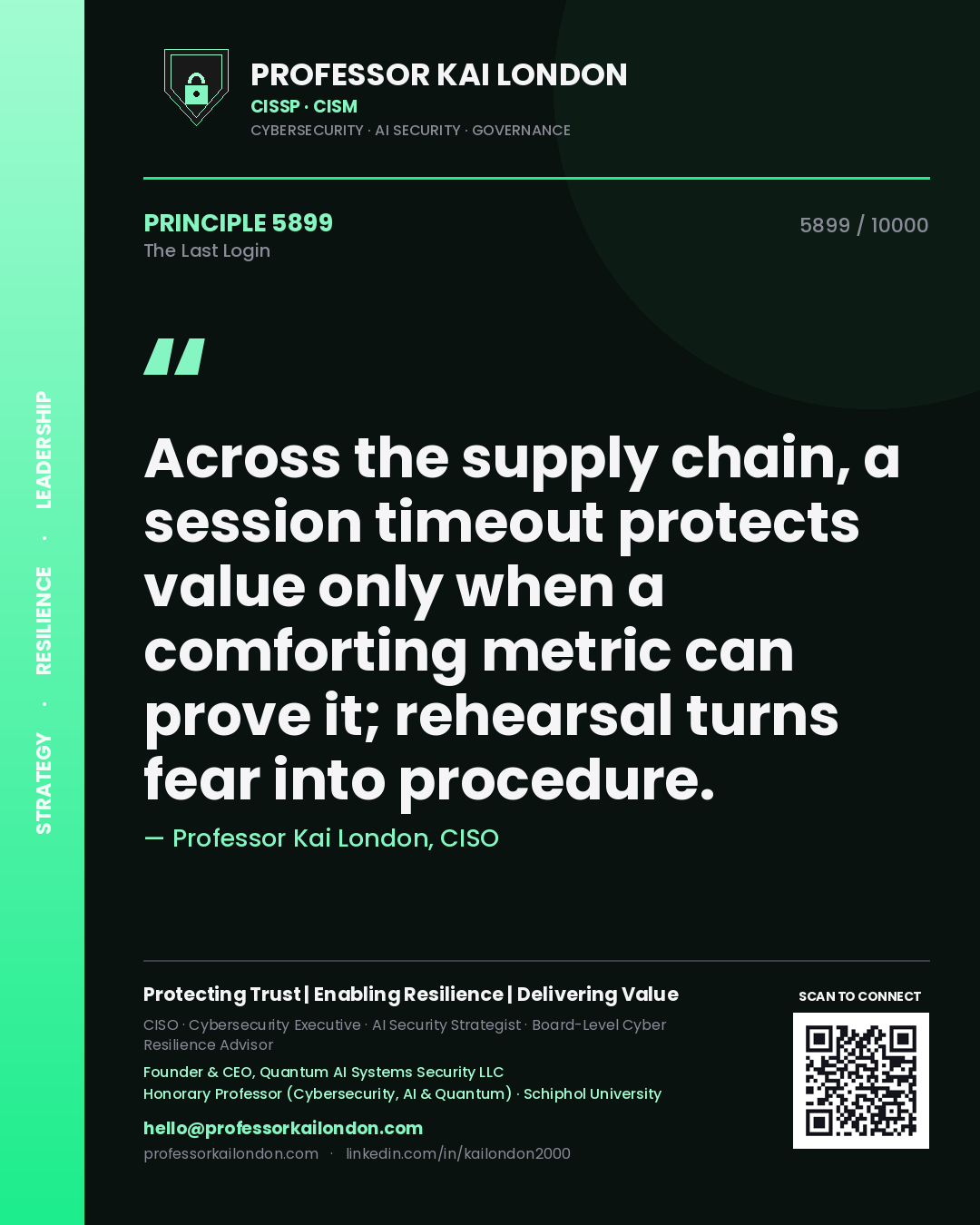 Professor Kai London principle 5899: Across the supply chain, a session timeout protects value only when a comforting metric can prove it; rehearsal turns fear into procedure.