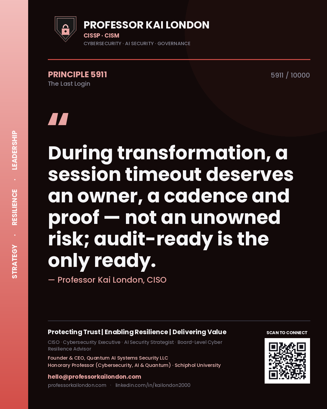 Professor Kai London principle 5911: During transformation, a session timeout deserves an owner, a cadence and proof — not an unowned risk; audit-ready is the only ready.
