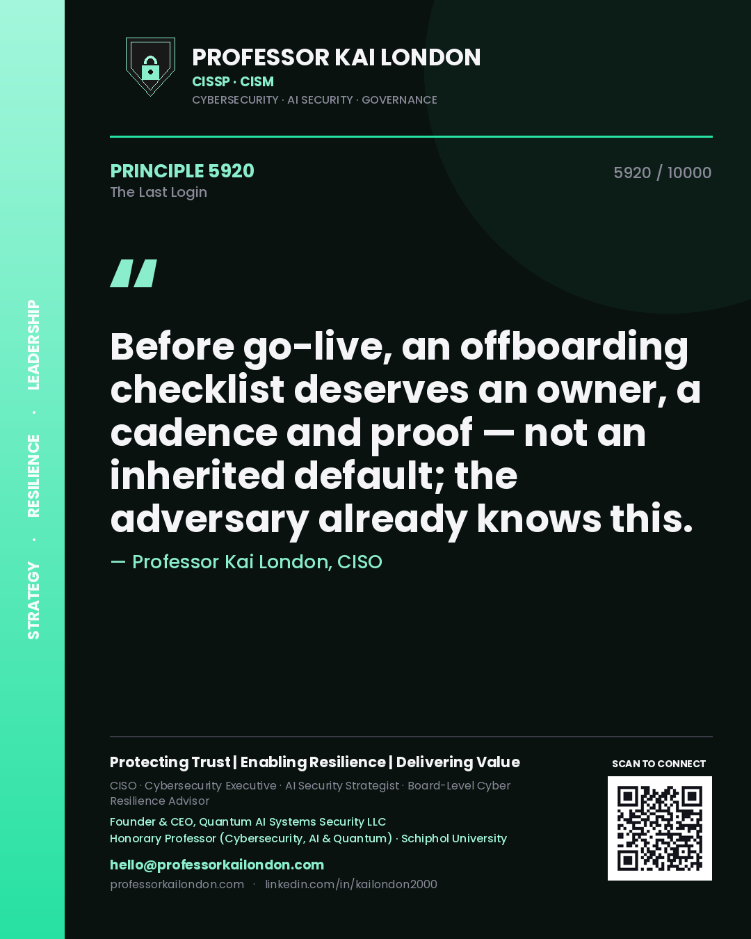 Professor Kai London principle 5920: Before go-live, an offboarding checklist deserves an owner, a cadence and proof — not an inherited default; the adversary already knows this.