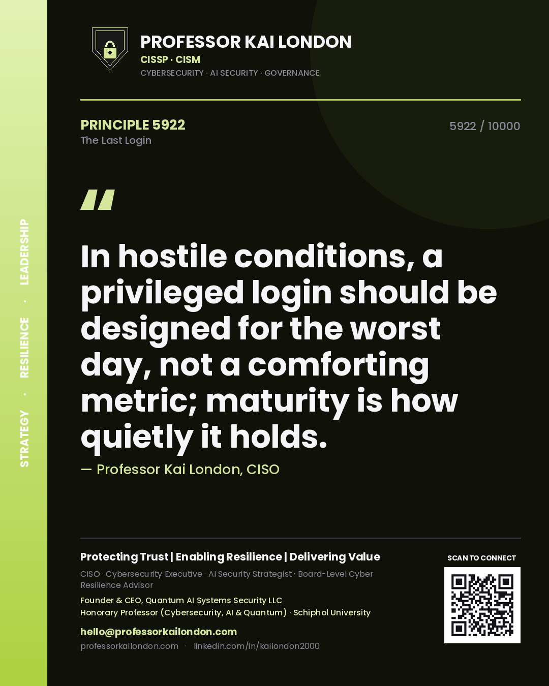 Professor Kai London principle 5922: In hostile conditions, a privileged login should be designed for the worst day, not a comforting metric; maturity is how quietly it holds.