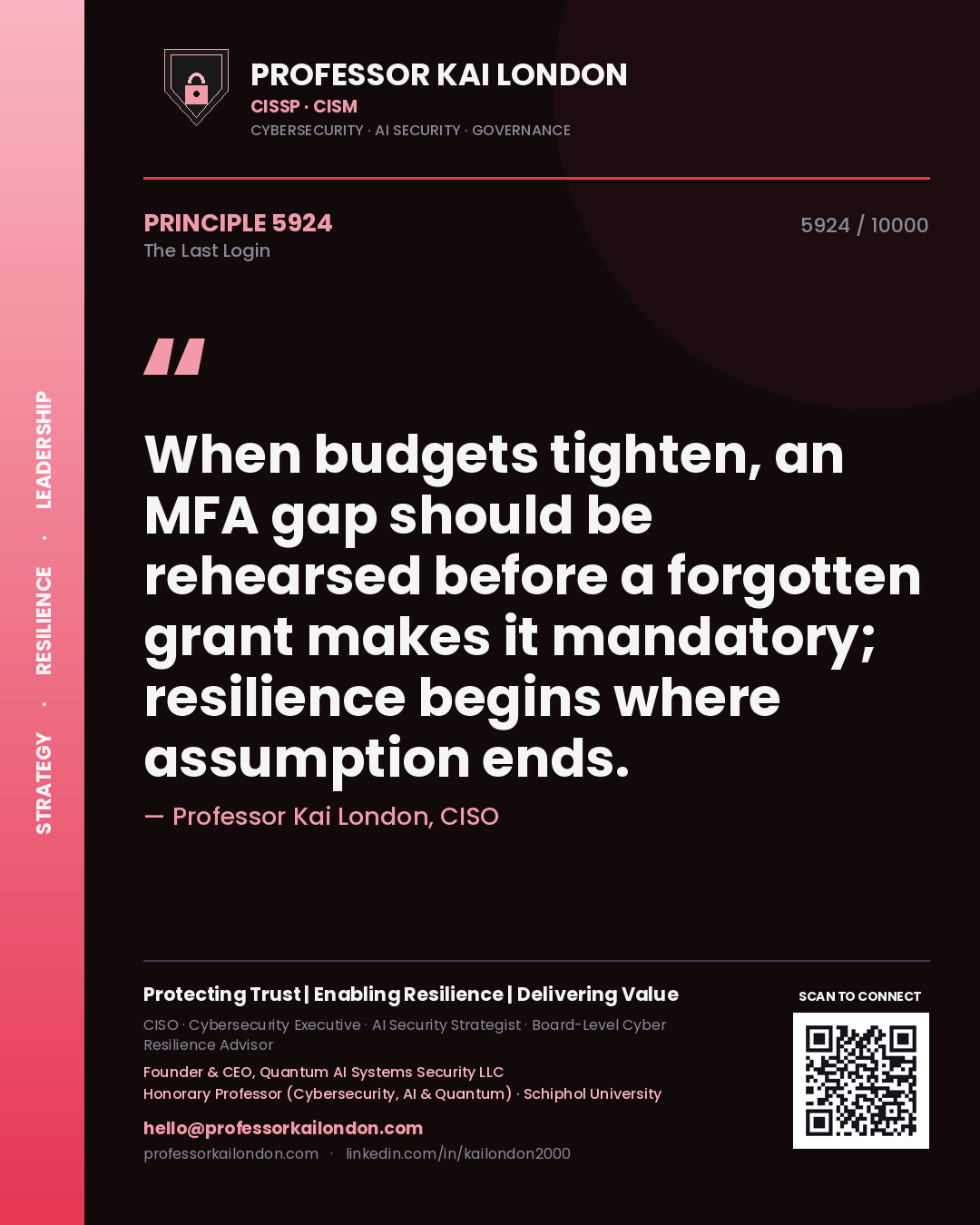 Professor Kai London principle 5924: When budgets tighten, an MFA gap should be rehearsed before a forgotten grant makes it mandatory; resilience begins where assumption ends.