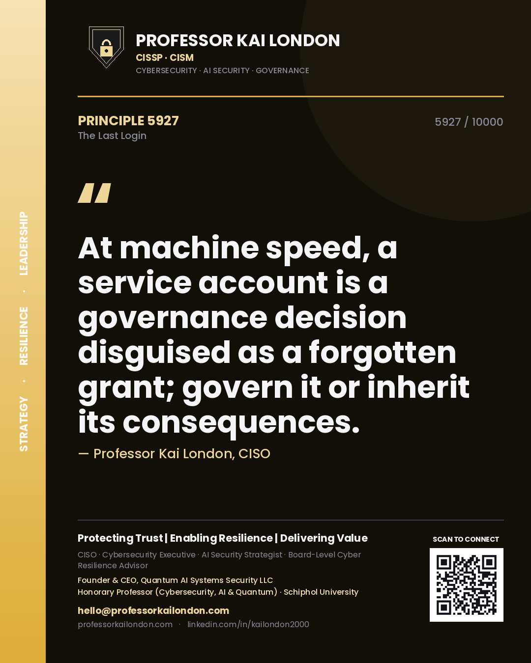 Professor Kai London principle 5927: At machine speed, a service account is a governance decision disguised as a forgotten grant; govern it or inherit its consequences.