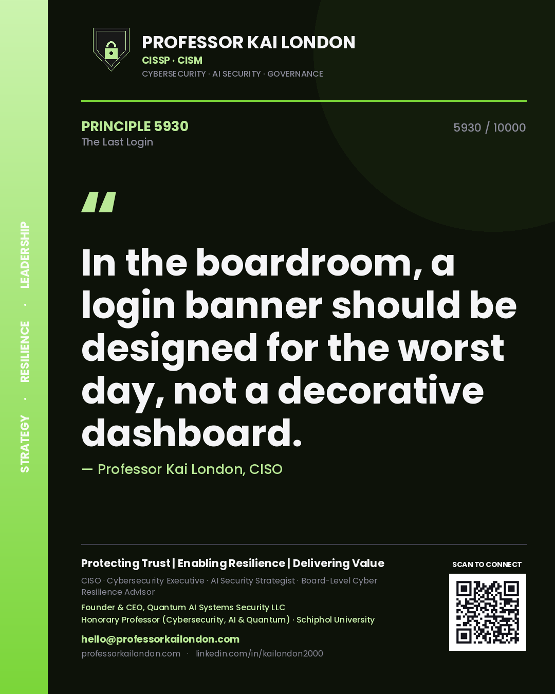 Professor Kai London principle 5930: In the boardroom, a login banner should be designed for the worst day, not a decorative dashboard.