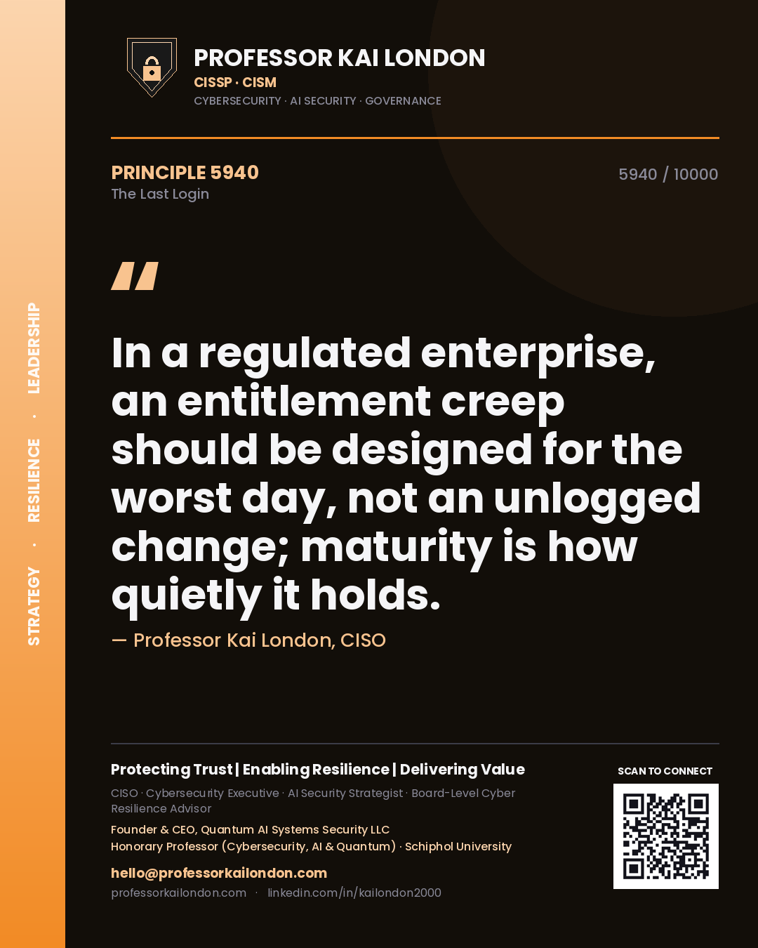 Professor Kai London principle 5940: In a regulated enterprise, an entitlement creep should be designed for the worst day, not an unlogged change; maturity is how quietly it holds.