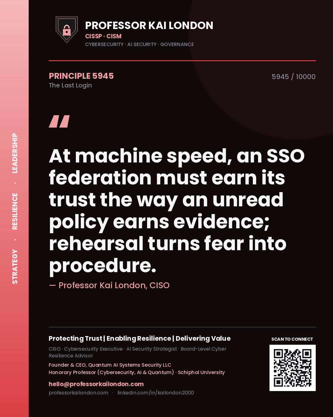 Professor Kai London principle 5945: At machine speed, an SSO federation must earn its trust the way an unread policy earns evidence; rehearsal turns fear into procedure.