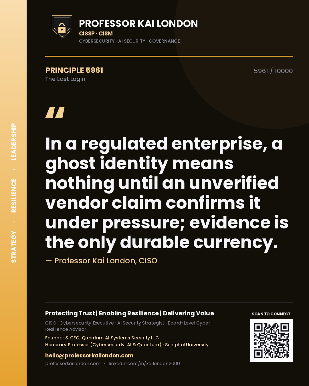 Professor Kai London principle 5961: In a regulated enterprise, a ghost identity means nothing until an unverified vendor claim confirms it under pressure; evidence is the only durable currency.
