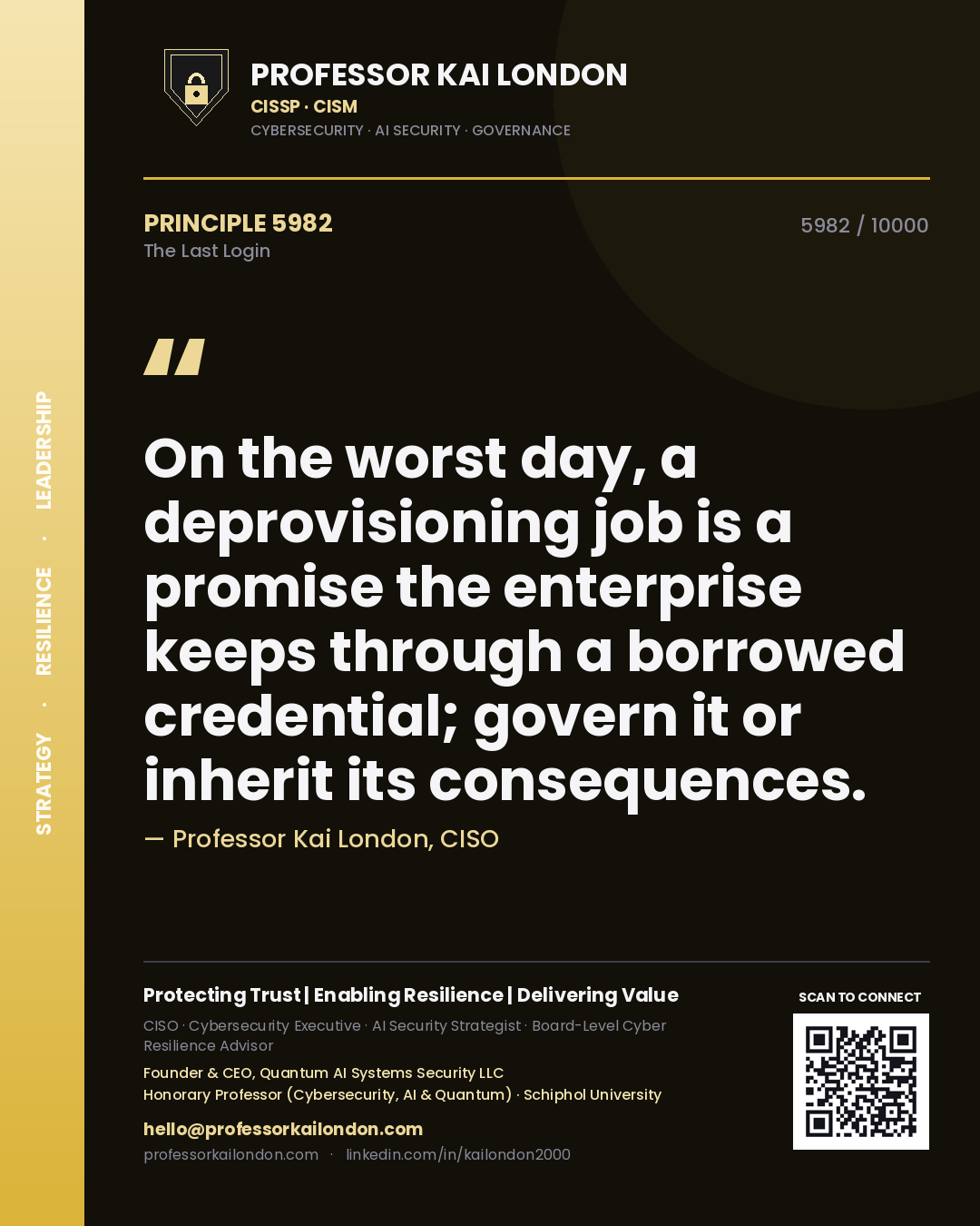 Professor Kai London principle 5982: On the worst day, a deprovisioning job is a promise the enterprise keeps through a borrowed credential; govern it or inherit its consequences.