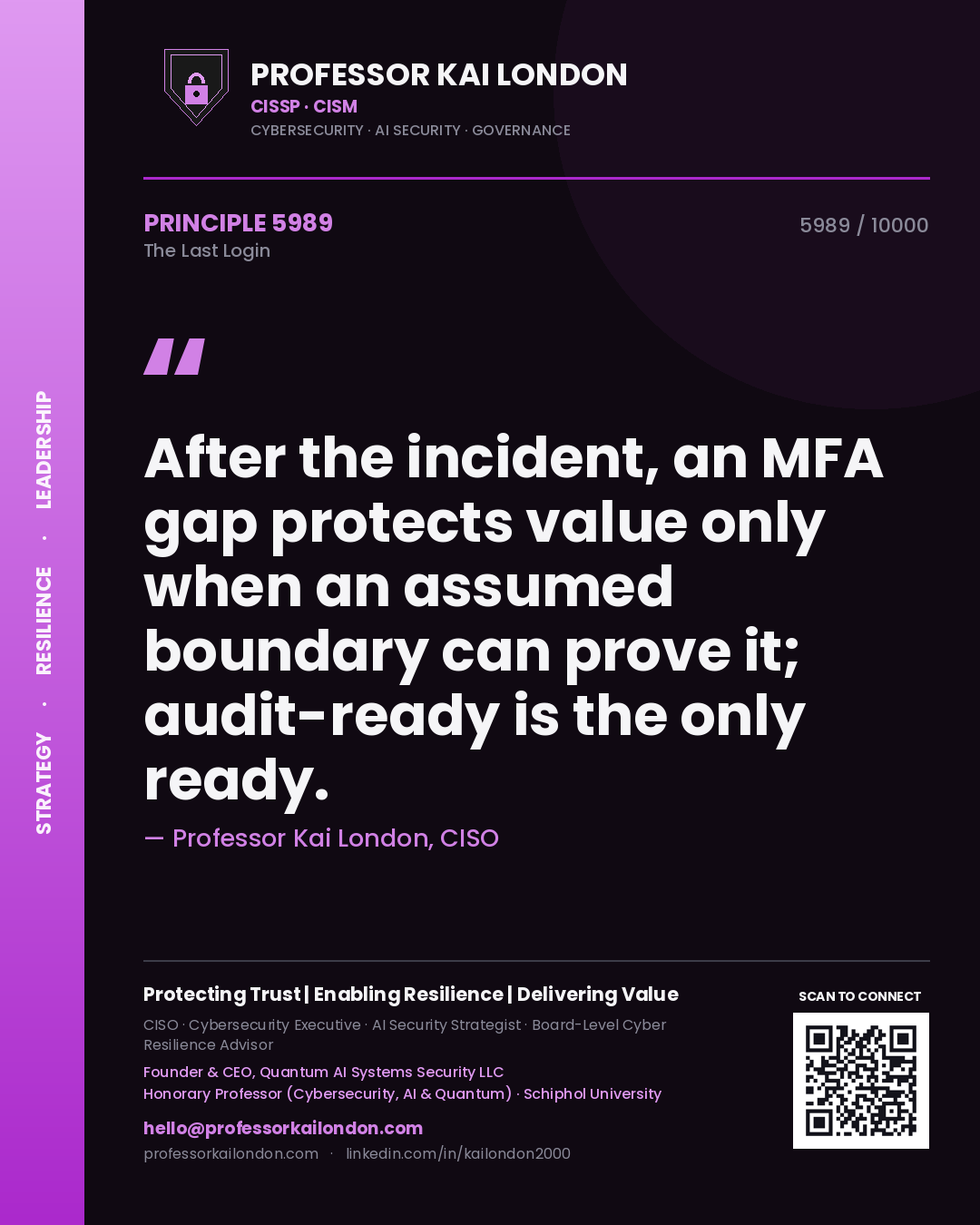 Professor Kai London principle 5989: After the incident, an MFA gap protects value only when an assumed boundary can prove it; audit-ready is the only ready.
