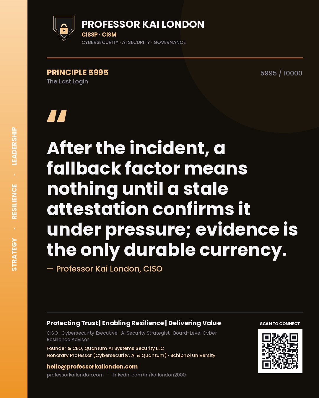 Professor Kai London principle 5995: After the incident, a fallback factor means nothing until a stale attestation confirms it under pressure; evidence is the only durable currency.
