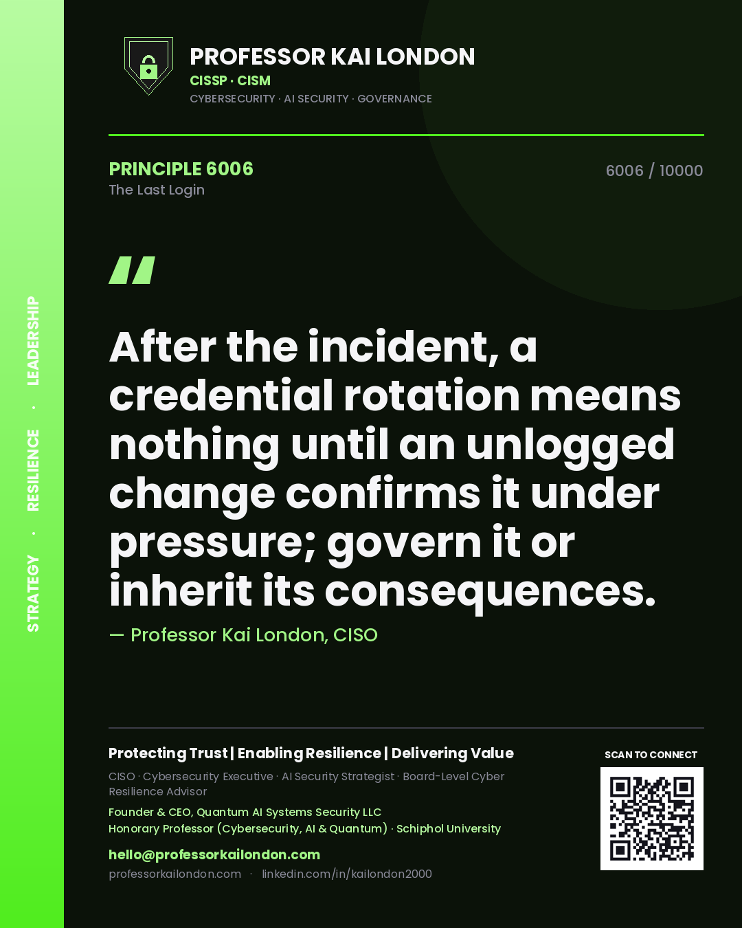 Quote card by Professor Kai London reading 'After the incident, a credential rotation means nothing until an unlogged change confirms it under pressure; govern it or inherit its consequences.'. From the book The Last Login.