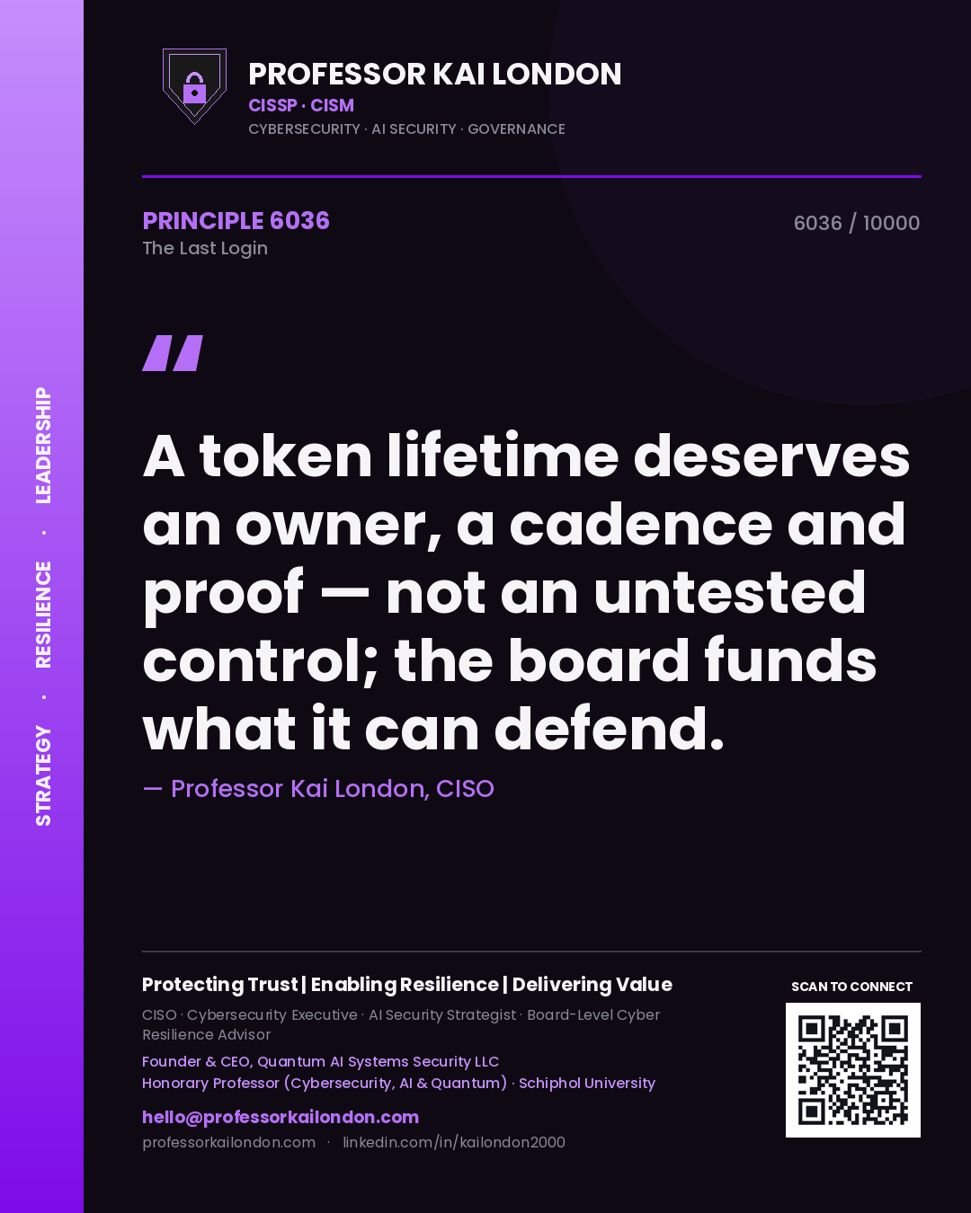 Quote card by Professor Kai London reading 'A token lifetime deserves an owner, a cadence and proof — not an untested control; the board funds what it can defend.'. From the book The Last Login.