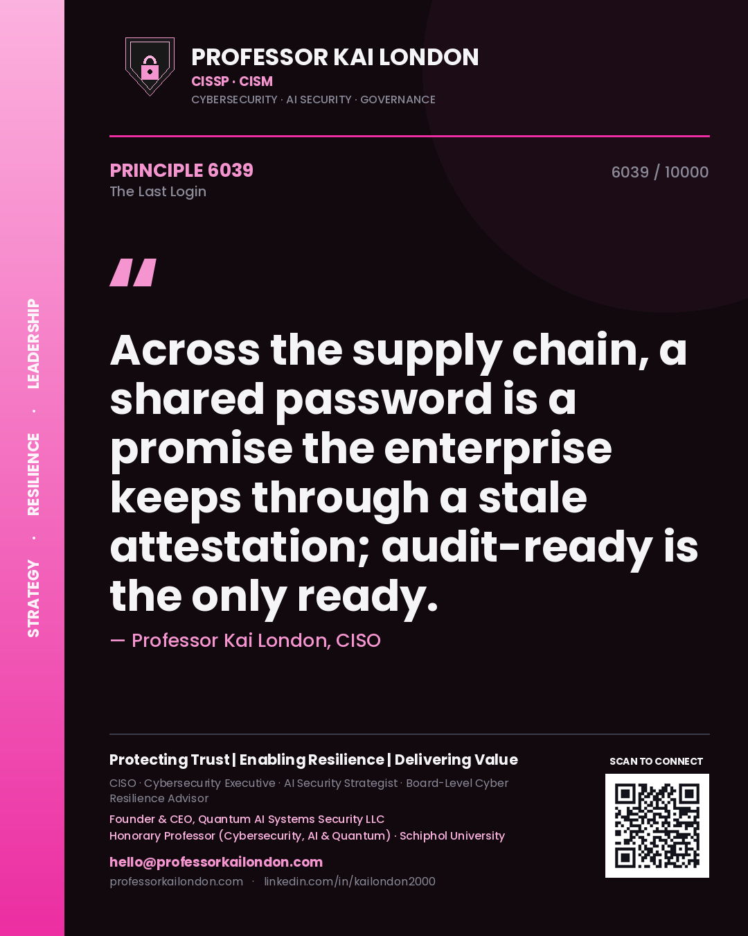 Quote card by Professor Kai London reading 'Across the supply chain, a shared password is a promise the enterprise keeps through a stale attestation; audit-ready is the only ready.'. From the book The Last Login.