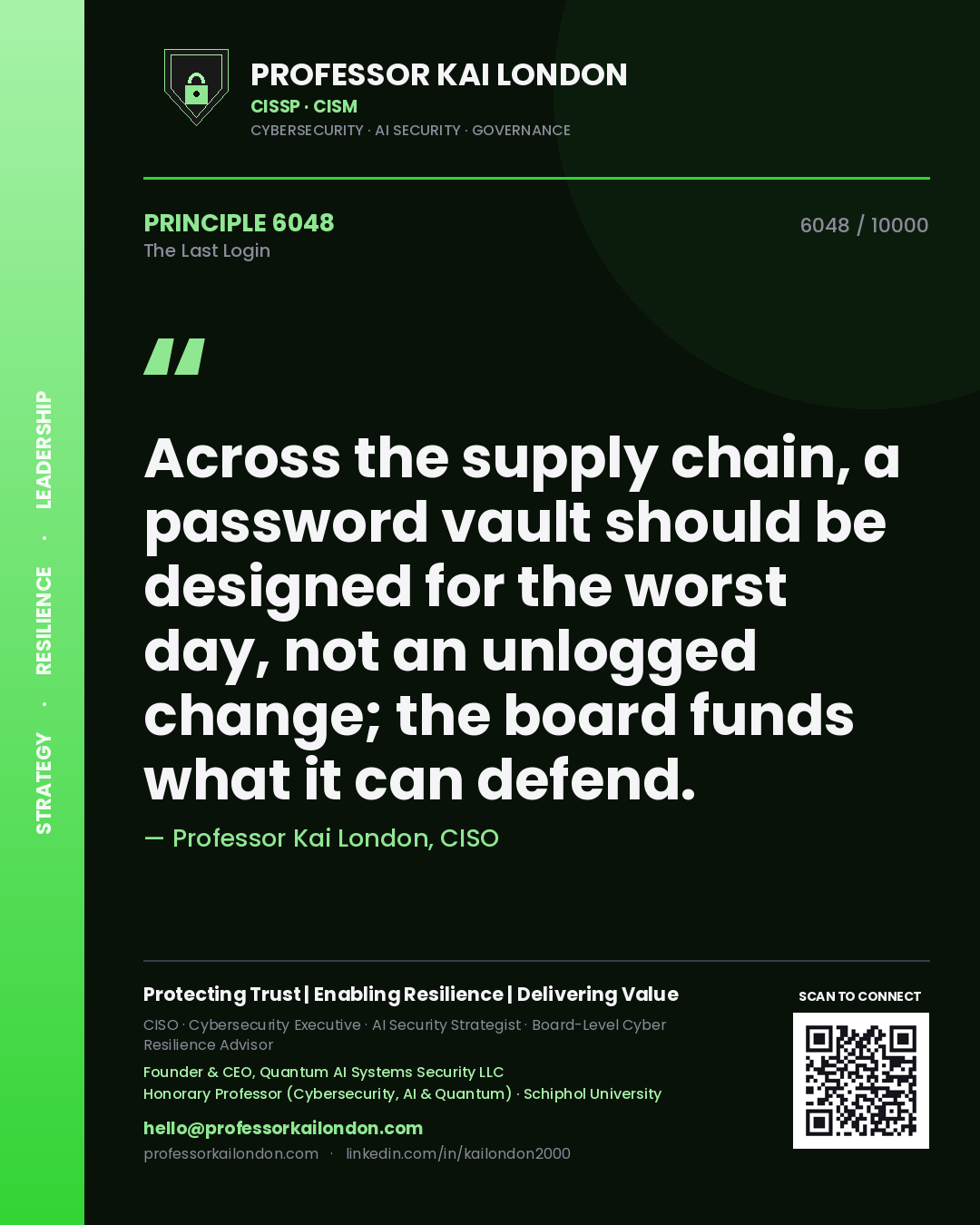 Quote card by Professor Kai London reading 'Across the supply chain, a password vault should be designed for the worst day, not an unlogged change; the board funds what it can defend.'. From the book The Last Login.