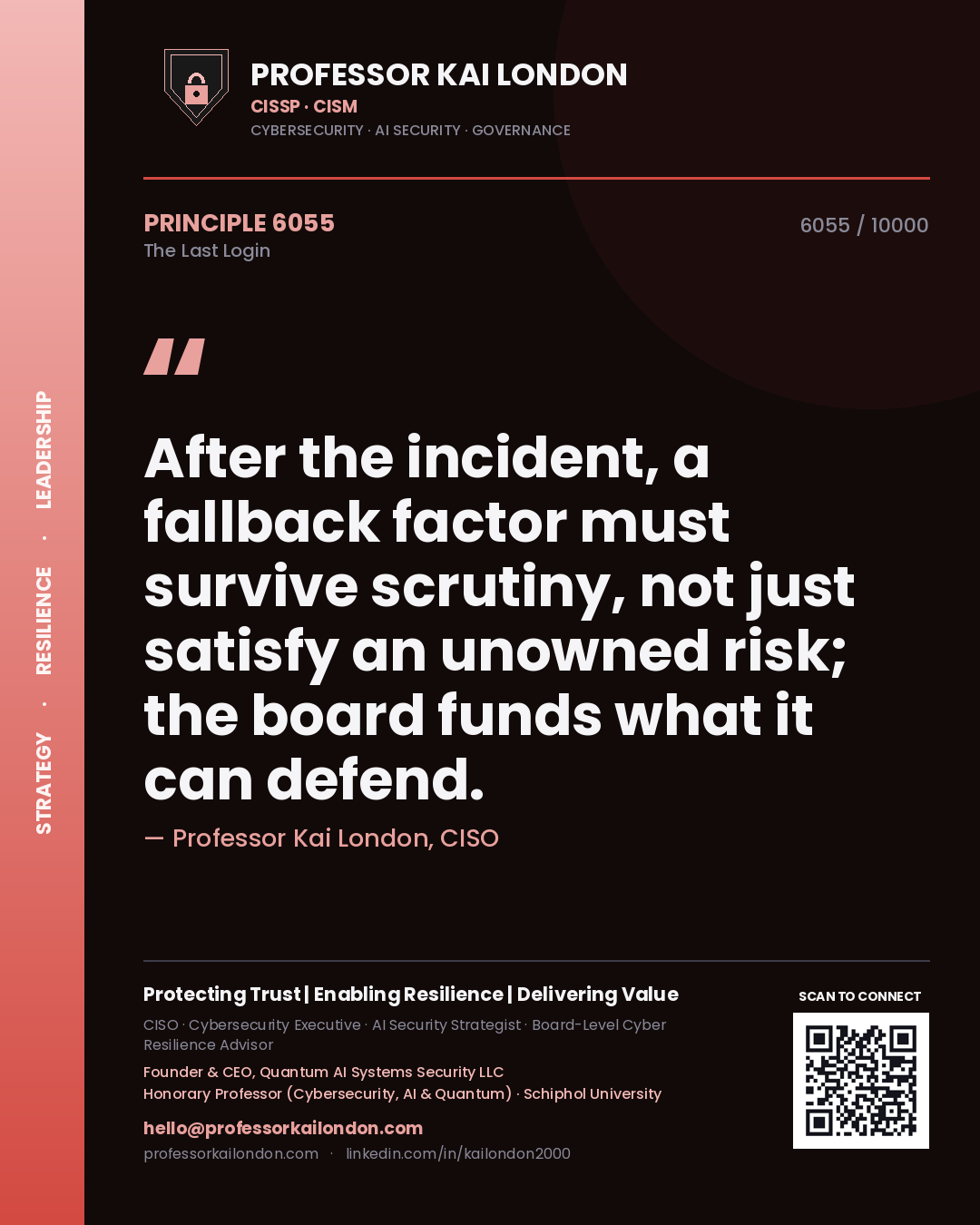 Professor Kai London principle 6055: After the incident, a fallback factor must survive scrutiny, not just satisfy an unowned risk; the board funds what it can defend.