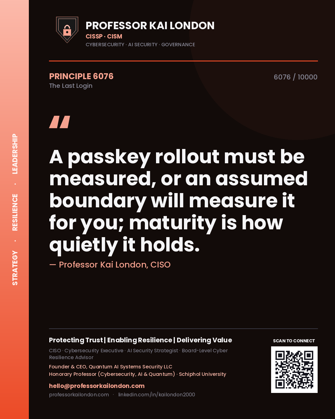 Quote card by Professor Kai London reading 'A passkey rollout must be measured, or an assumed boundary will measure it for you; maturity is how quietly it holds.'. From the book The Last Login.