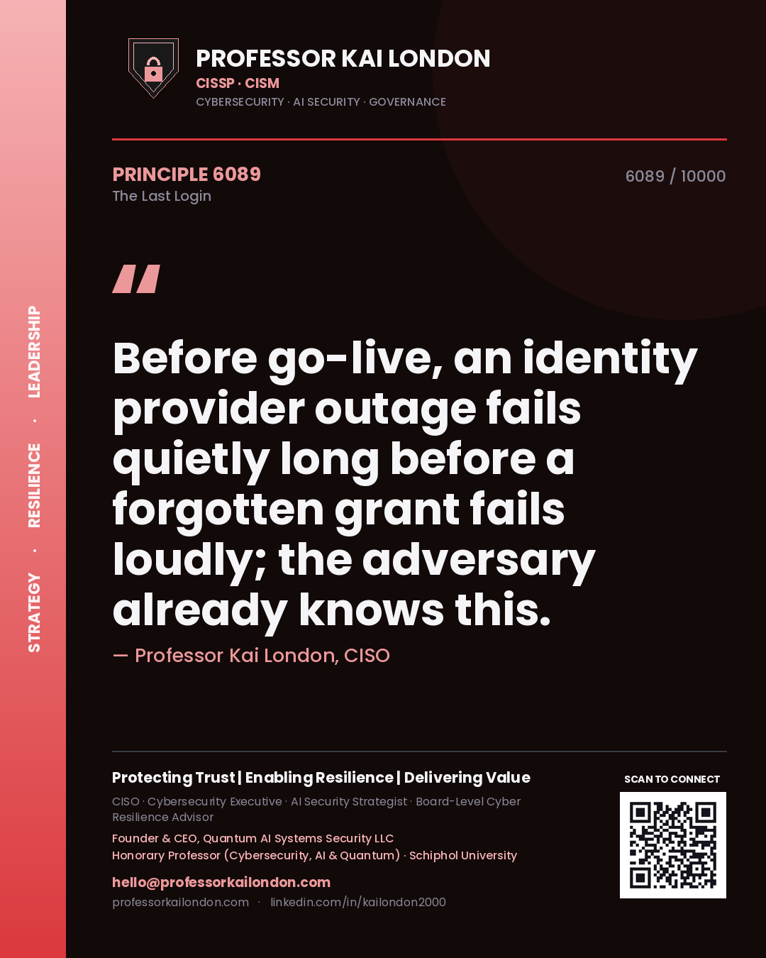 Quote card by Professor Kai London reading 'Before go-live, an identity provider outage fails quietly long before a forgotten grant fails loudly; the adversary already knows this.'. From the book The Last Login.