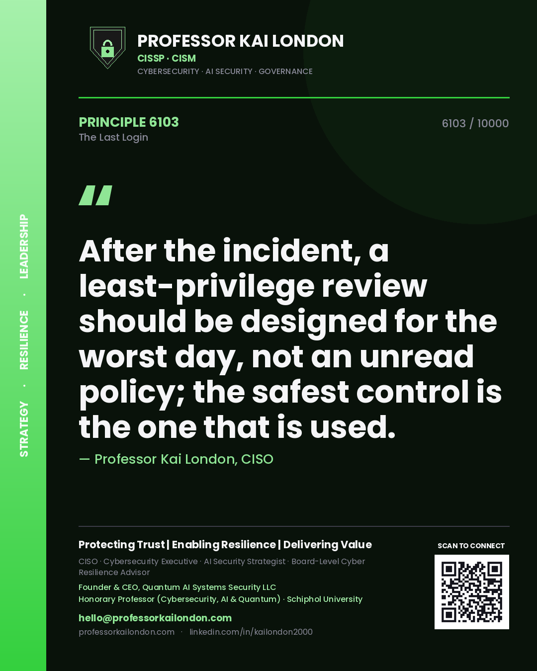 Professor Kai London principle 6103: After the incident, a least-privilege review should be designed for the worst day, not an unread policy; the safest control is the one that is used.