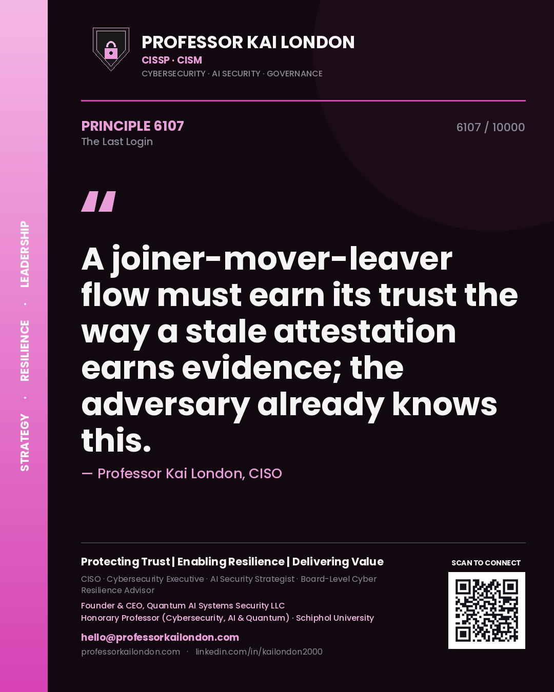 Professor Kai London principle 6107: A joiner-mover-leaver flow must earn its trust the way a stale attestation earns evidence; the adversary already knows this.