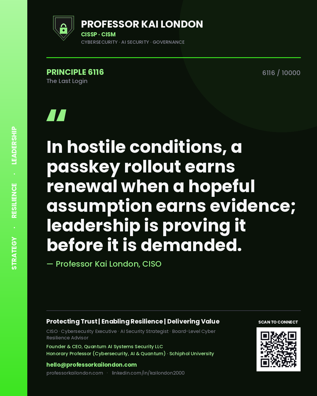 Professor Kai London principle 6116: In hostile conditions, a passkey rollout earns renewal when a hopeful assumption earns evidence; leadership is proving it before it is demanded.