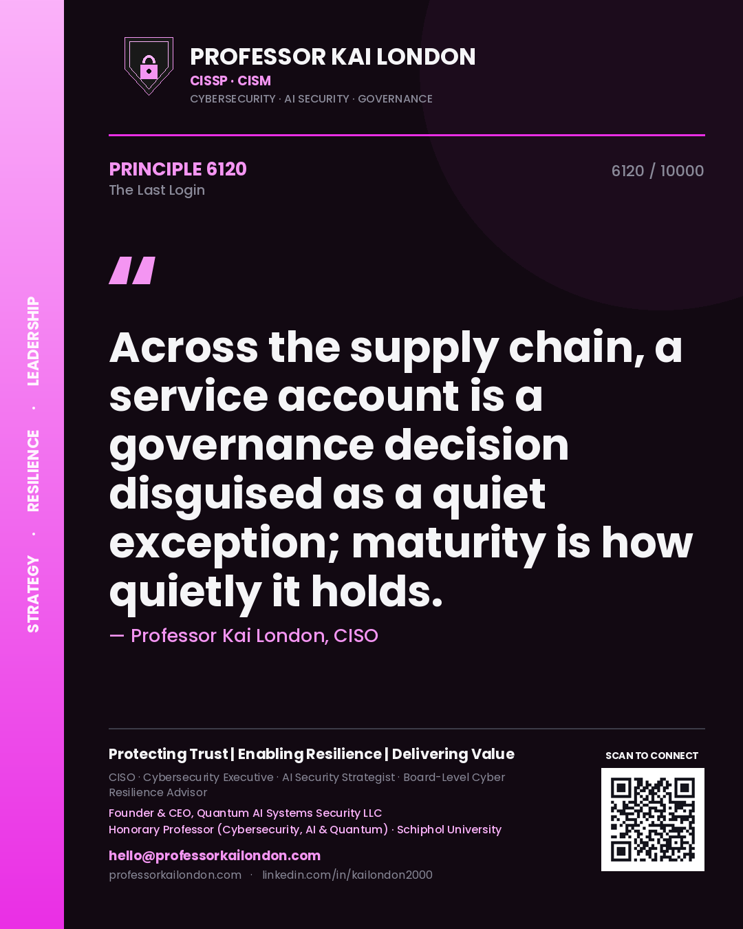 Professor Kai London principle 6120: Across the supply chain, a service account is a governance decision disguised as a quiet exception; maturity is how quietly it holds.
