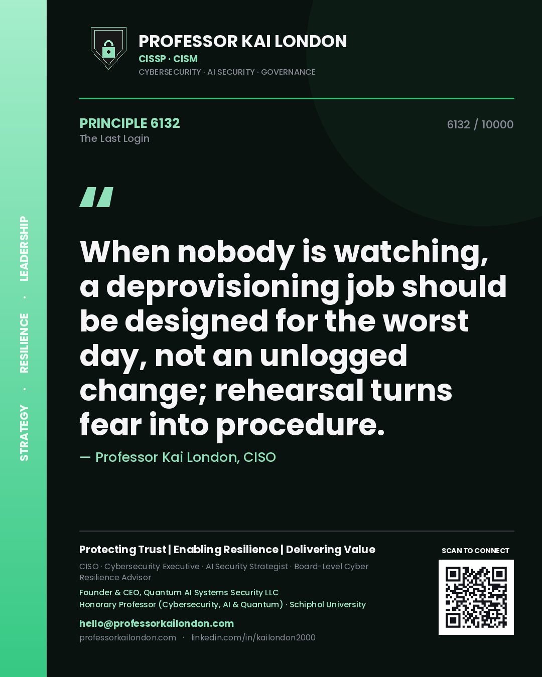 Professor Kai London principle 6132: When nobody is watching, a deprovisioning job should be designed for the worst day, not an unlogged change; rehearsal turns fear into procedure.