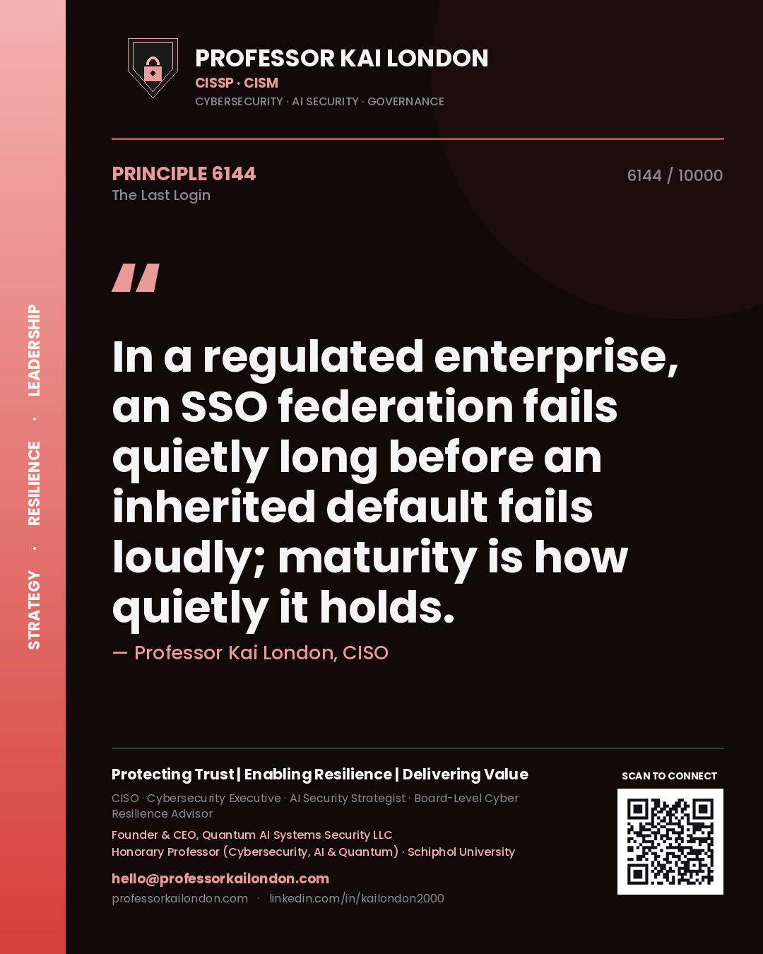 Professor Kai London principle 6144: In a regulated enterprise, an SSO federation fails quietly long before an inherited default fails loudly; maturity is how quietly it holds.