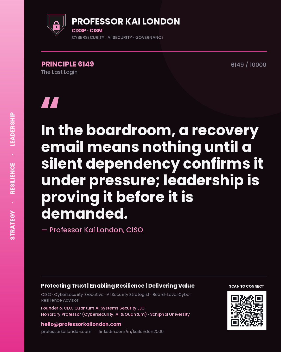 Professor Kai London principle 6149: In the boardroom, a recovery email means nothing until a silent dependency confirms it under pressure; leadership is proving it before it is demanded.