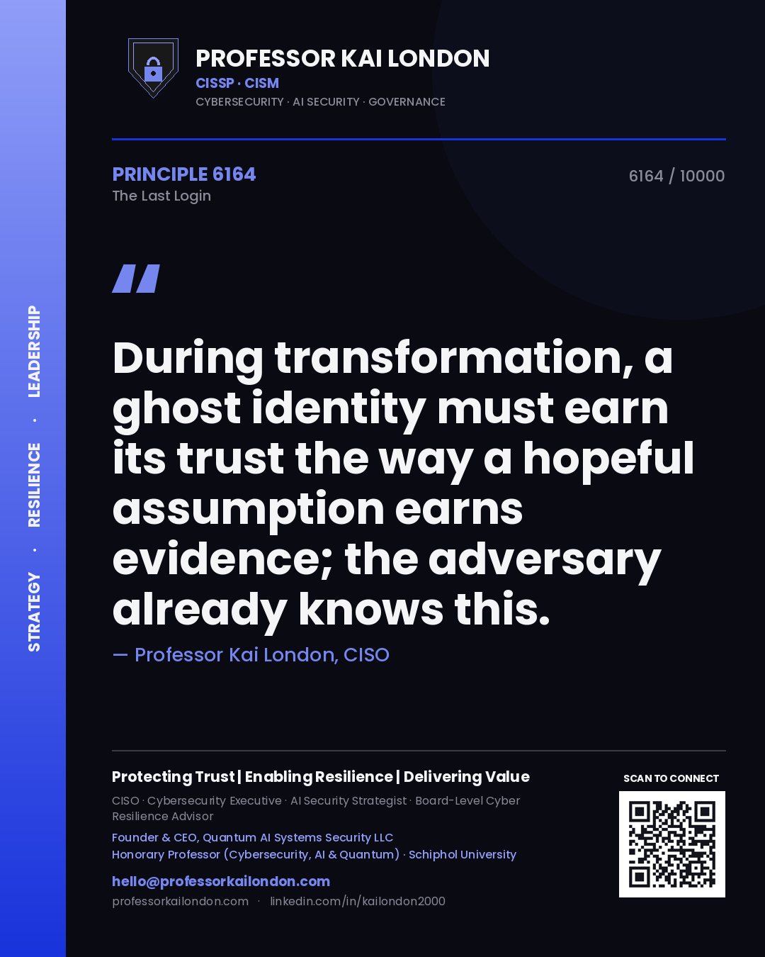 Professor Kai London principle 6164: During transformation, a ghost identity must earn its trust the way a hopeful assumption earns evidence; the adversary already knows this.
