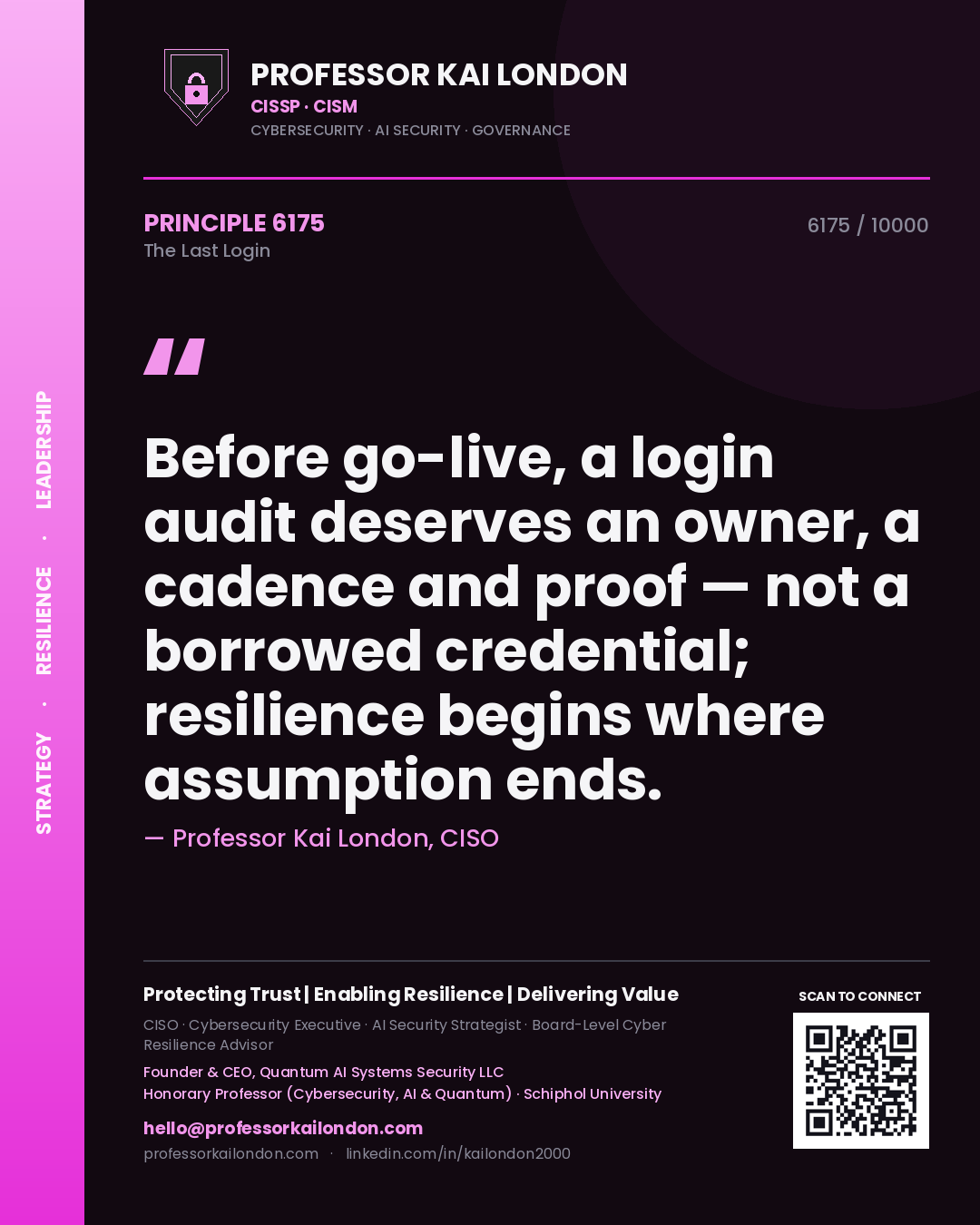 Professor Kai London principle 6175: Before go-live, a login audit deserves an owner, a cadence and proof — not a borrowed credential; resilience begins where assumption ends.