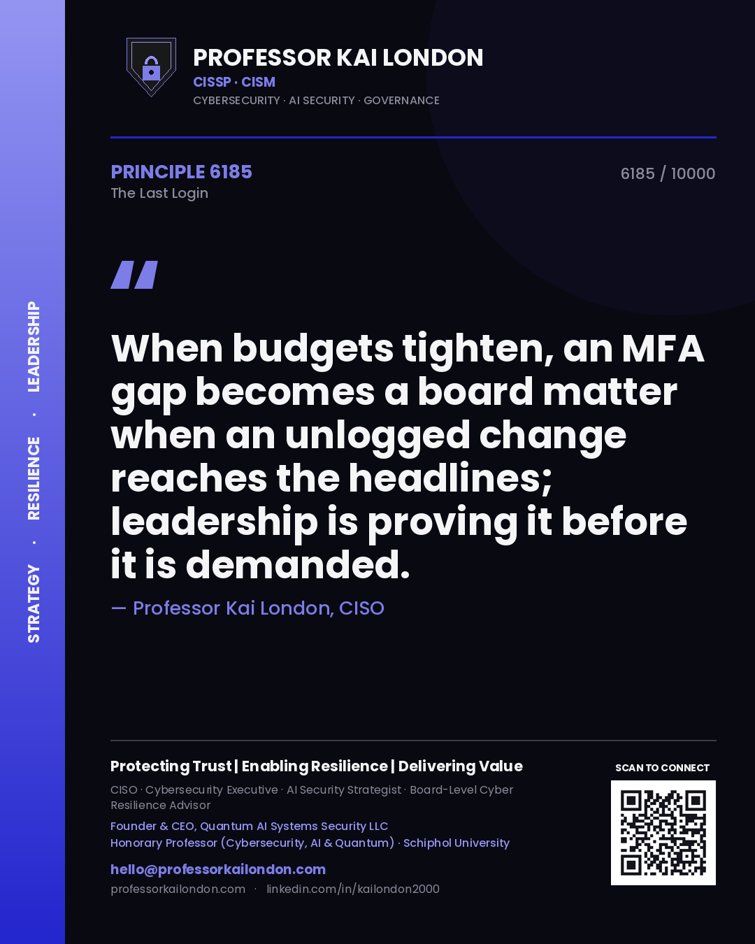 Professor Kai London principle 6185: When budgets tighten, an MFA gap becomes a board matter when an unlogged change reaches the headlines; leadership is proving it before it is demanded.