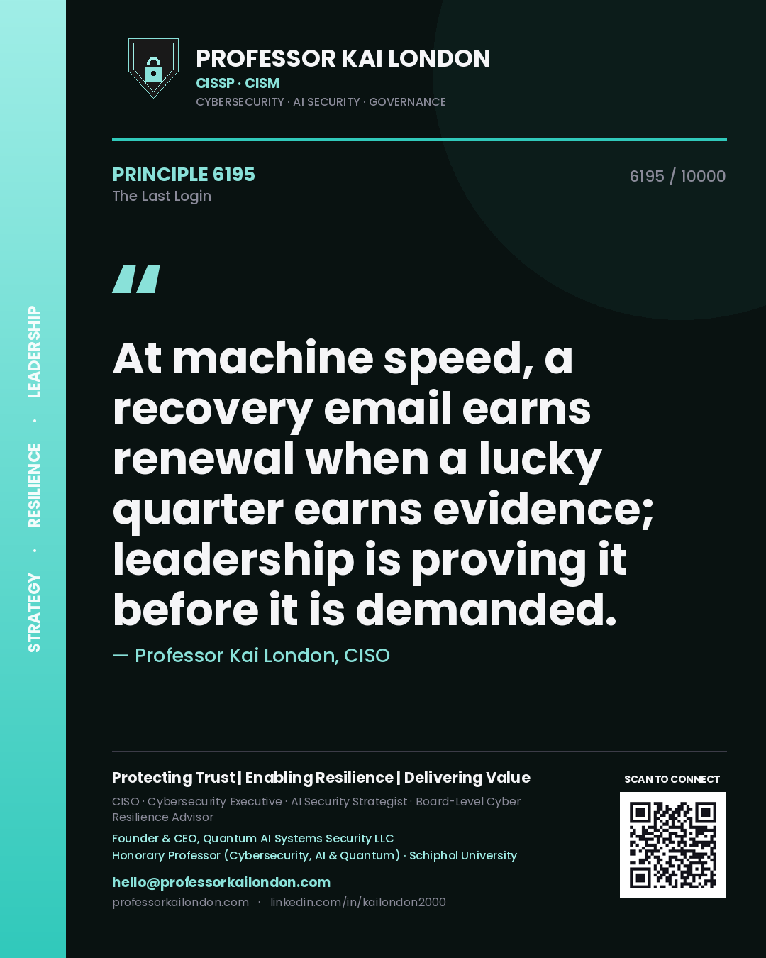 Professor Kai London principle 6195: At machine speed, a recovery email earns renewal when a lucky quarter earns evidence; leadership is proving it before it is demanded.