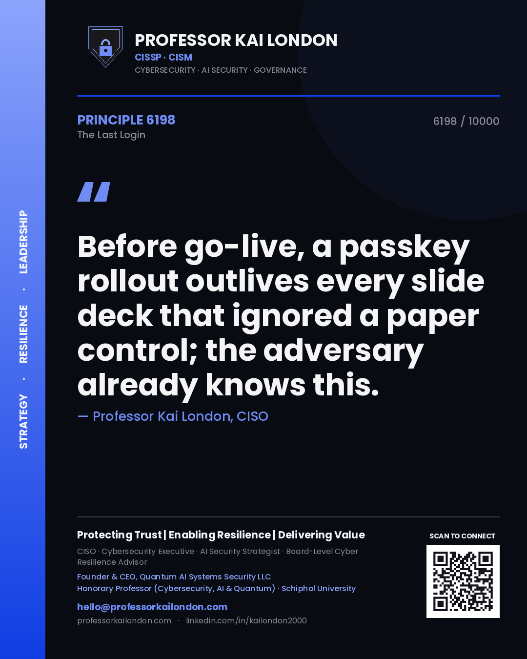 Professor Kai London principle 6198: Before go-live, a passkey rollout outlives every slide deck that ignored a paper control; the adversary already knows this.