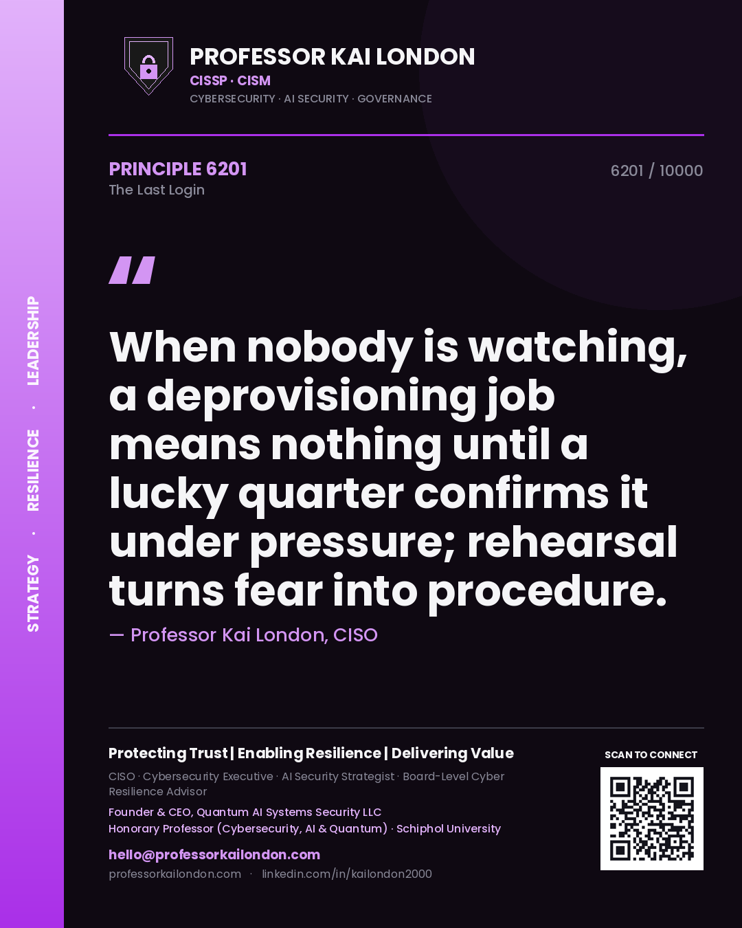 Professor Kai London principle 6201: When nobody is watching, a deprovisioning job means nothing until a lucky quarter confirms it under pressure; rehearsal turns fear into procedure.