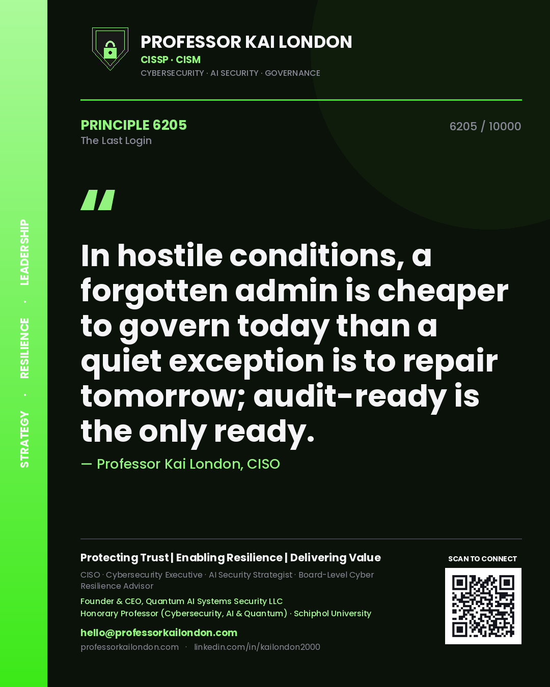 Professor Kai London principle 6205: In hostile conditions, a forgotten admin is cheaper to govern today than a quiet exception is to repair tomorrow; audit-ready is the only ready.